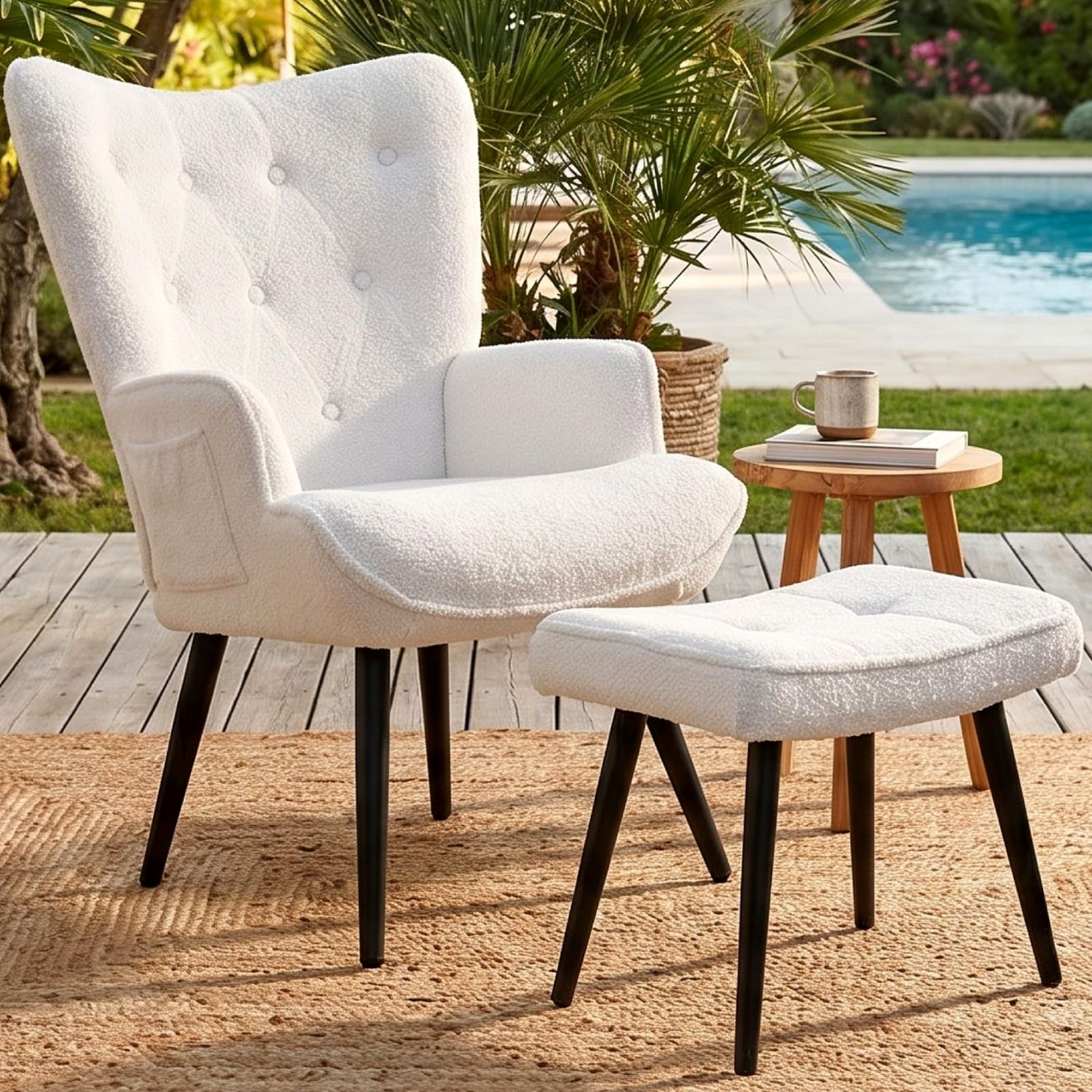 CLEVICH Ohrensessel - Gemütlicher Loungesessel mit Hocker, Lesesesselaus, Teddystoff Armchair für Wohnzimmer & Schlafzimmer - Bis 168kg, Weiß