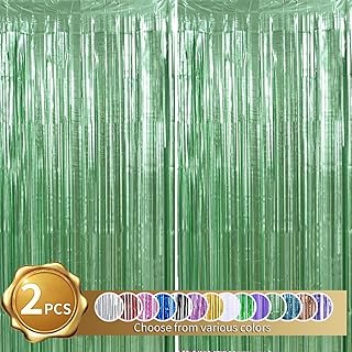 BEISHIDA 2 Pcs Light Green Door Streamers Tinsel Curtain Party Backdrop Fringe Foil Wall Background for Birthday Halloween Christmas Wedding Mermaid Boys Babyshower Party Decoration(3.28 ft x 6.56 ft)