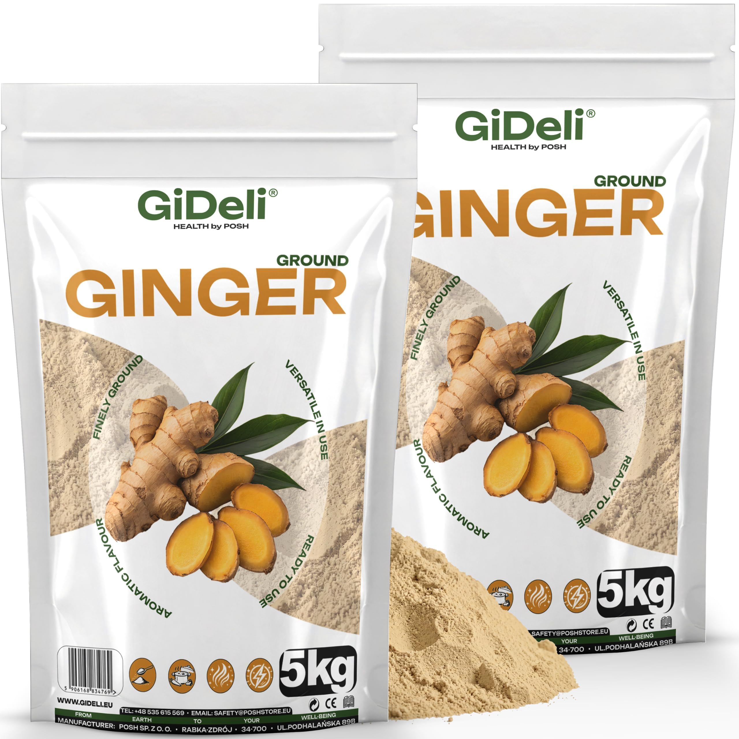 GiDeli Jengibre en Polvo 10 kg, 2 Bolsas - Molido - para Infusiones