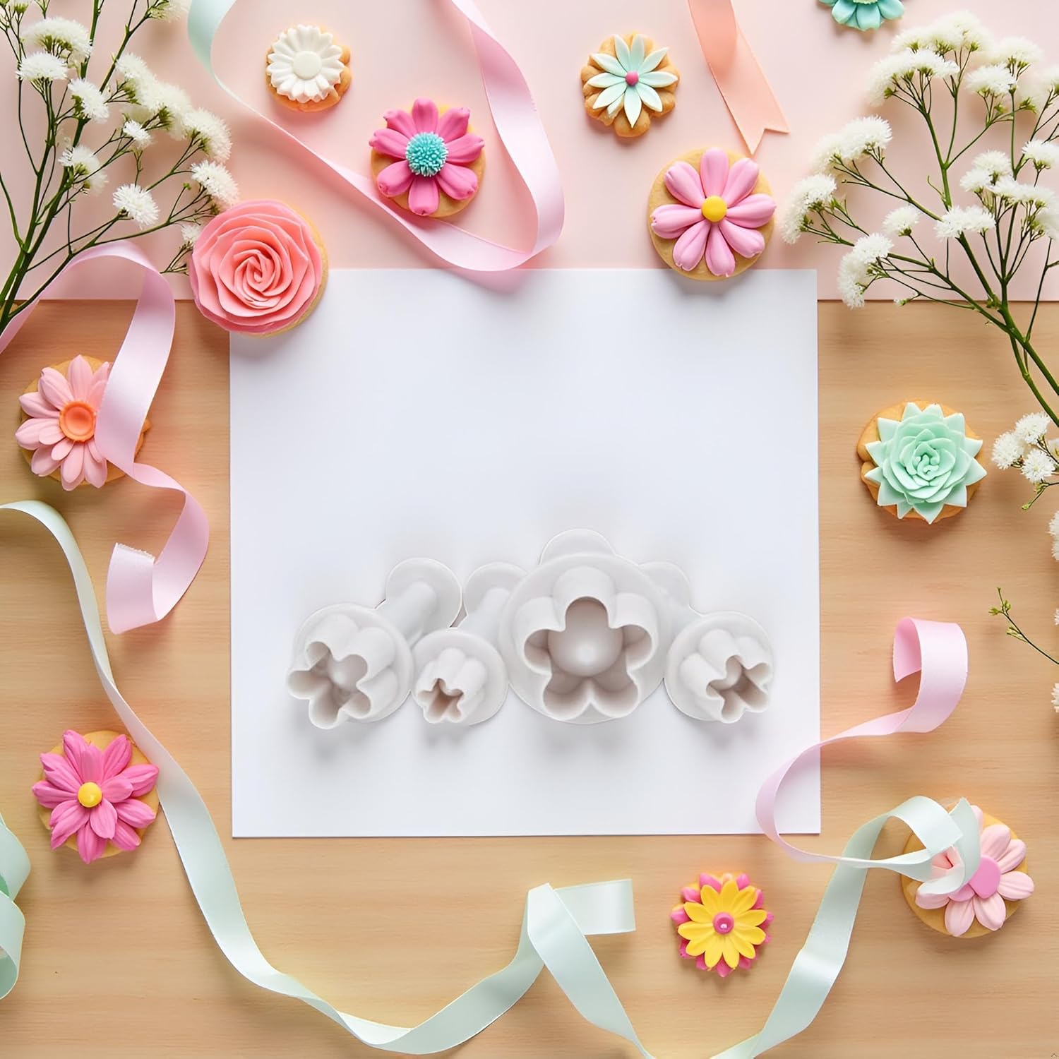 4Pcs Flower Plunger Cookie Cutter Cookie Cutters For Baking Plastic DIY Blossom Flower Cake Fondant Mold Plastic Cake Decorating Tools Baking Accessories Dessert and Candy Sculpting Tools（White） - Image 9