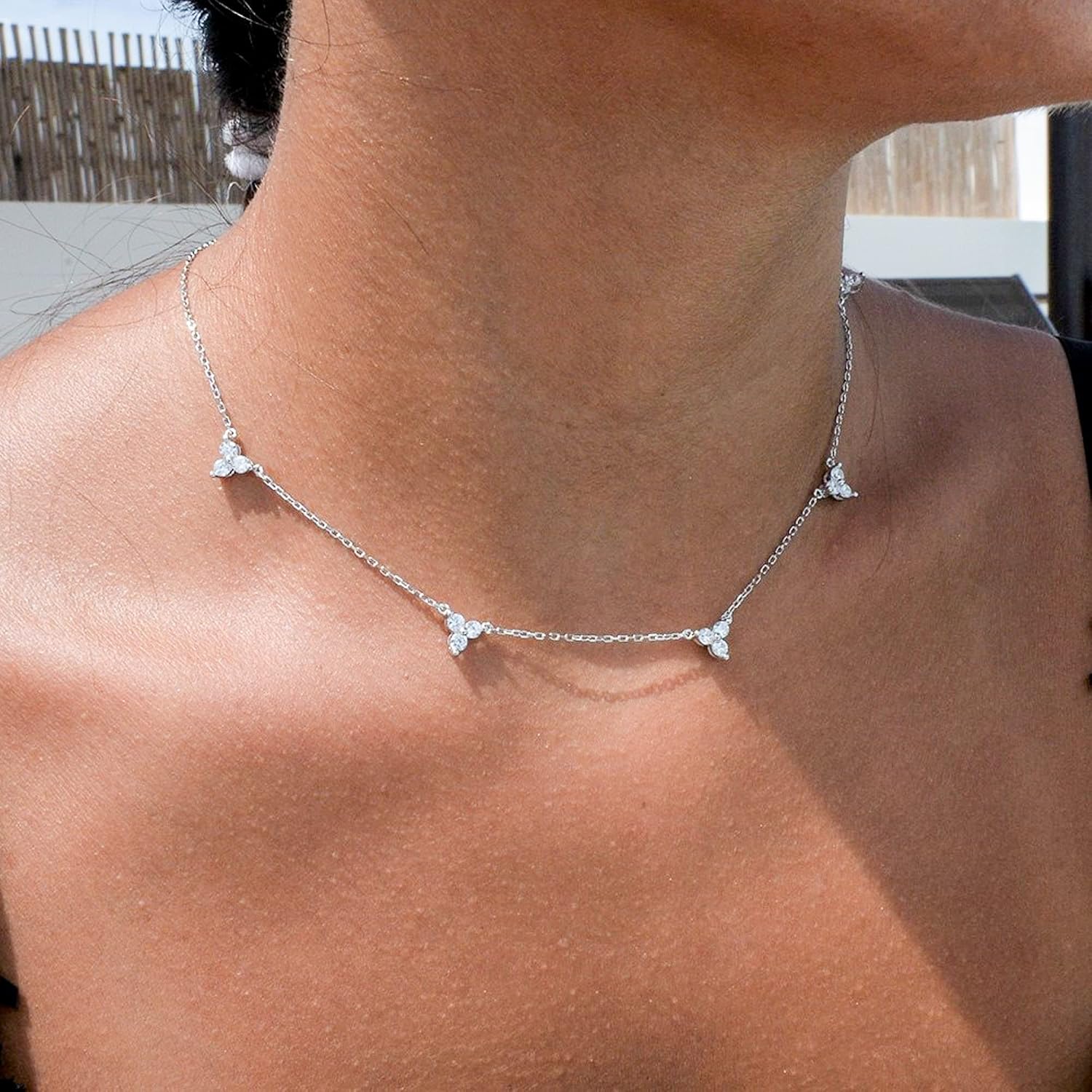 espere Sterling Silver Triple Cubic Zircon Stones Cluster Choker Chain Necklace 14-16 Inch, 3 Colors Available