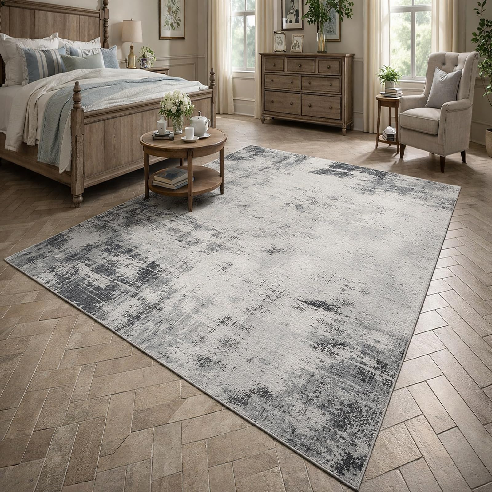 Tapis abstrait gris et blanc grand format 200x240cm antidérapant chambre et bureau