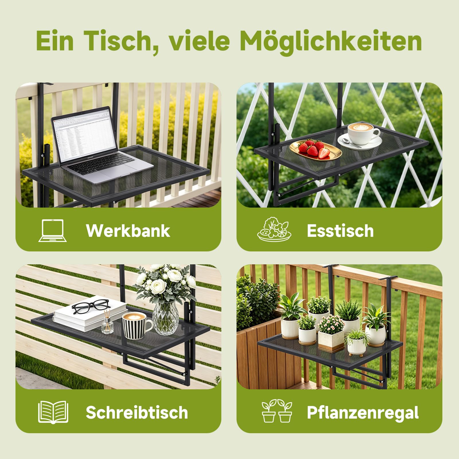 papasbox Table de balcon pliable - 60 x 40 cm - Réglable en hauteur sur 5 niveaux - Table suspendue pour balcon et terrasse