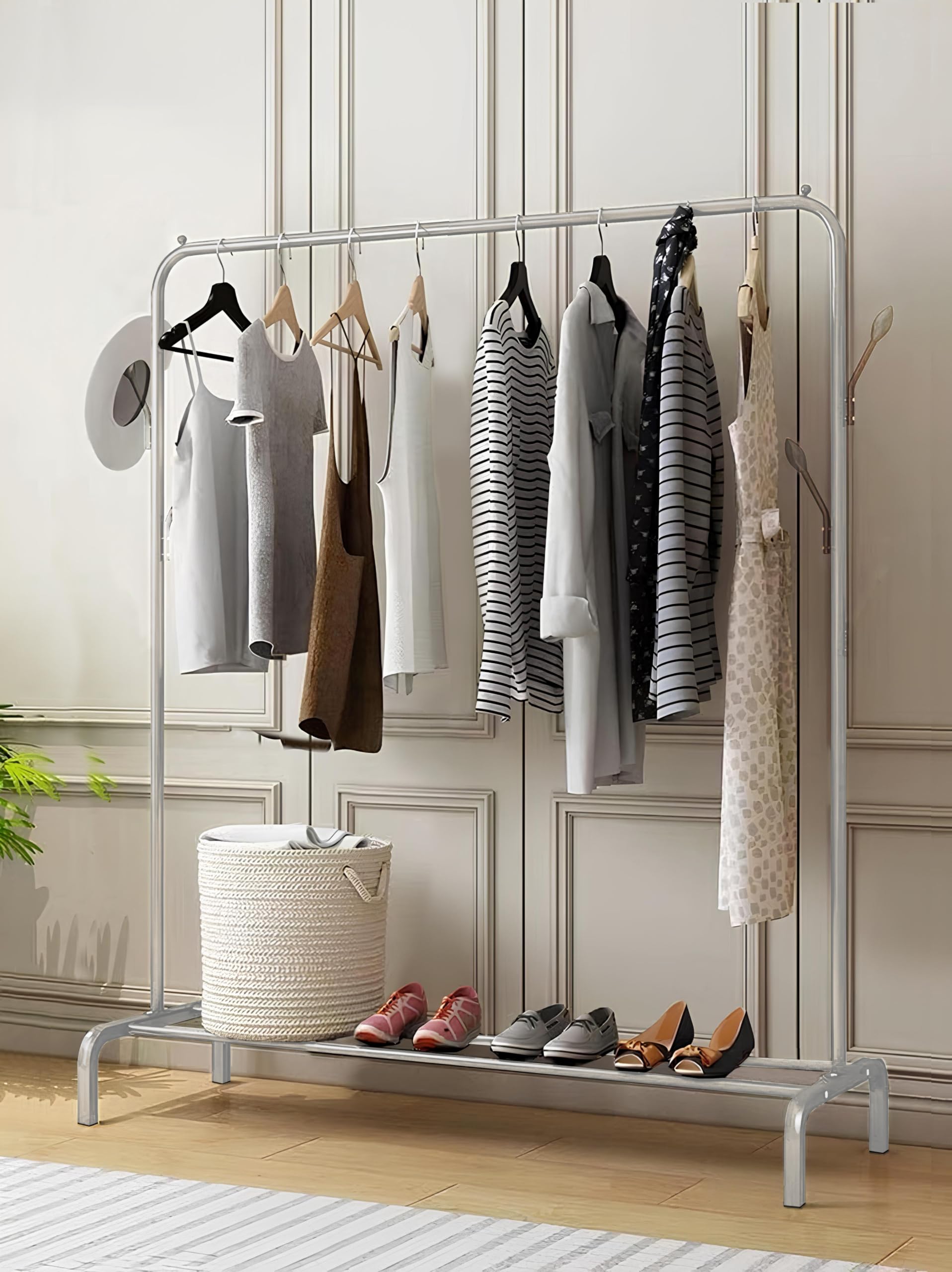 Lukzer Multifunctional Metal Garment Rack – Freestanding Clothes Stand with Bottom Storage Shelf & Coat Hanger (Silver, 40x110x148 cm, MGS-001)