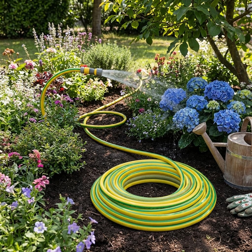 MAKA Tubo per Acqua Giardino 50 metri 5/8 Pollice 3 Strati Pressione 20 Bar Flessibile, Canna Acqua Giardino, Doppio Rinforzo Tessile Retinato Magliato Resiste a Caldo Gelo UV 4 Stagioni