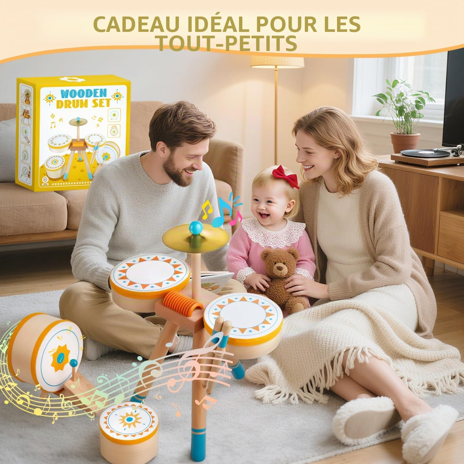 Set de Tambour Montessori en Bois pour bébé 1 an+, Enfants 1-3 Ans | Instrument de musique bébé avec accessoires, sons doux et jeu d’éveil, cadeau 1 an pour anniversaire/Noël fille ou garçon