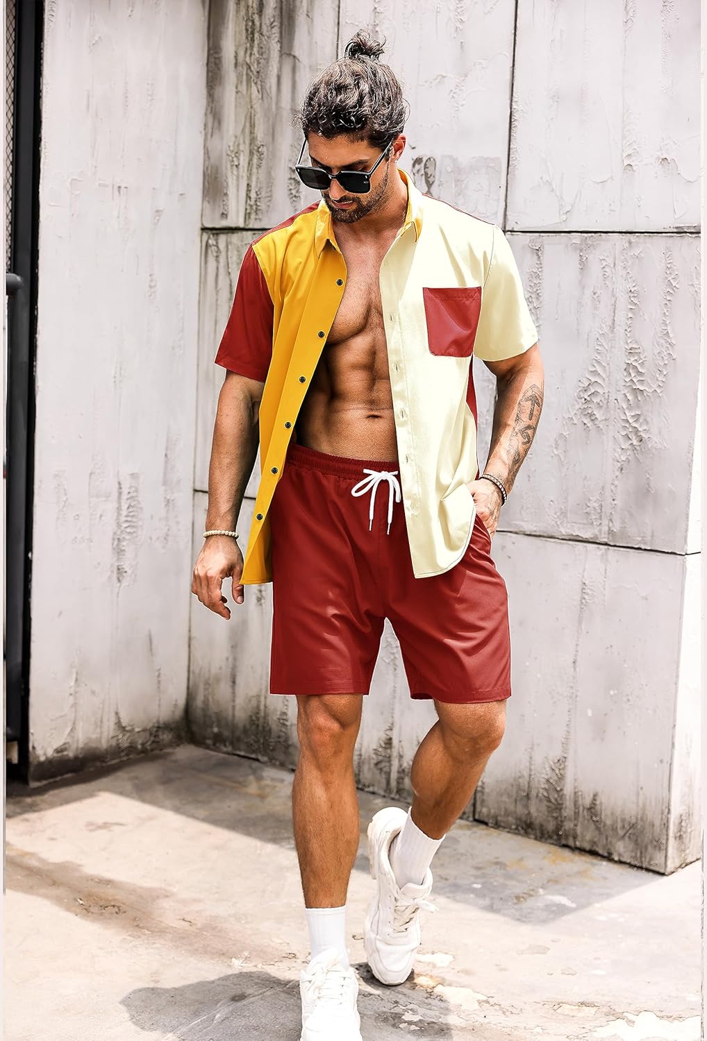 LecGee Men Summer Casual Short Sets Contrast Short Sleeve Button Down Shirt and Shorts Set 2 Piece Outfits Tracksuit - Image 5