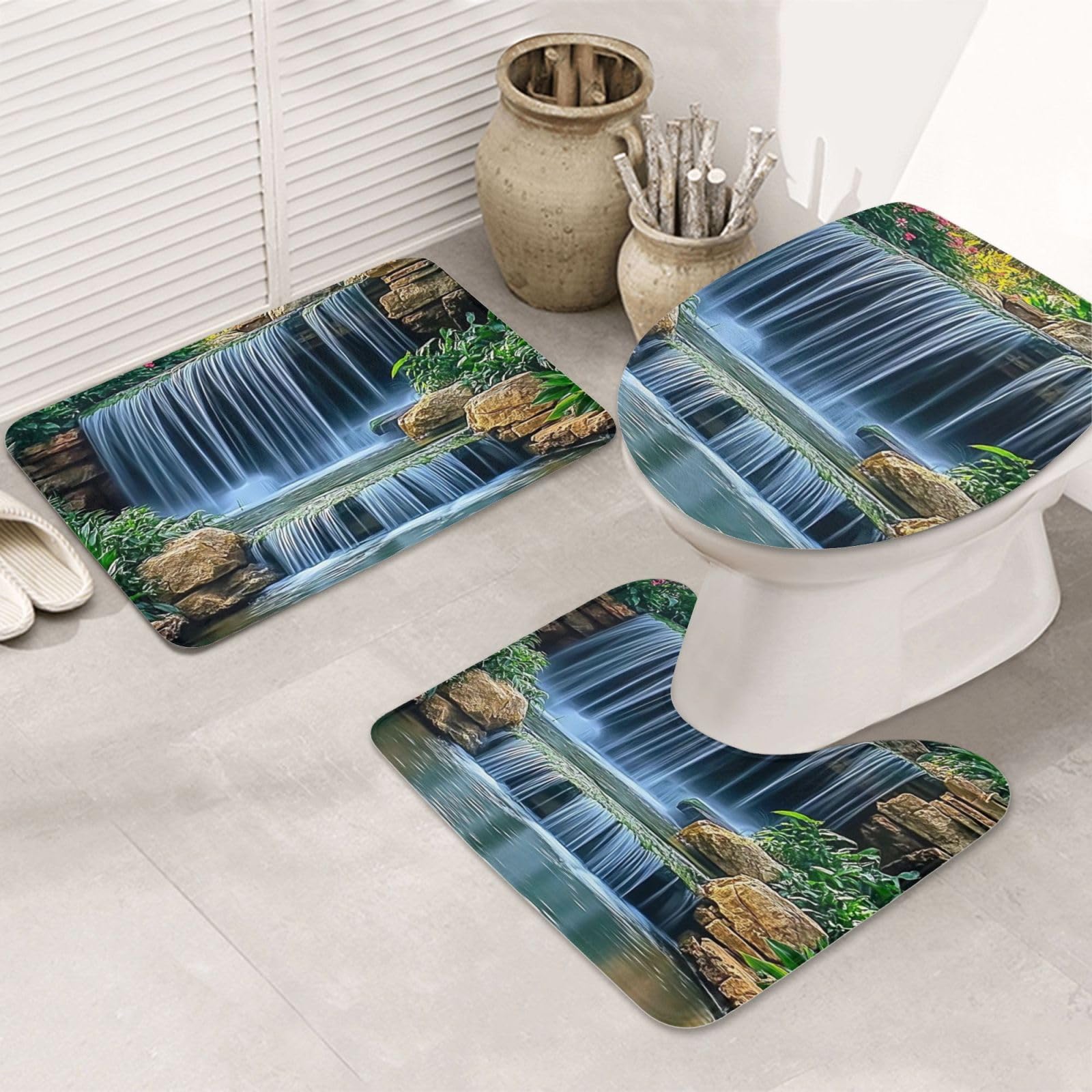 Alfombras de baño de 3 piezas lavables a máquina con base segura y textura suave de cascadas