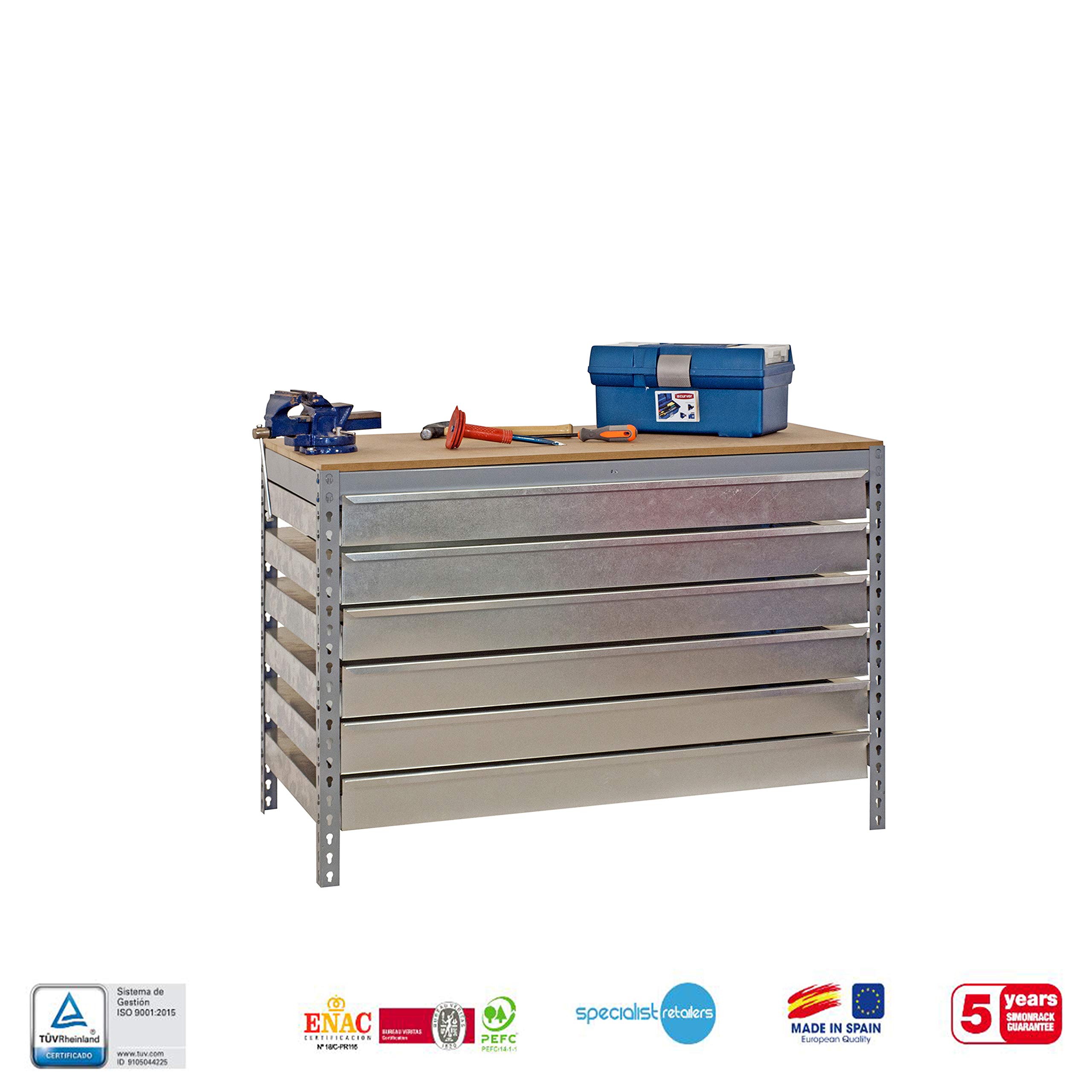 Simon Rack Banco de Trabajo Taller con 6 cajones 1510x760 mm - BT5 | Tablero madera 16 mm, Capacidad Carga 600 kg, Gris , Pintura anticorrosión, Montaje sistema clic