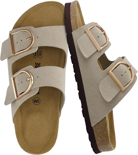 CUSHIONAIRE Legacy Cork Footbed Sandals for Women – Leather Double Strap Slides with Adjustable Buckles + Memory Foam
