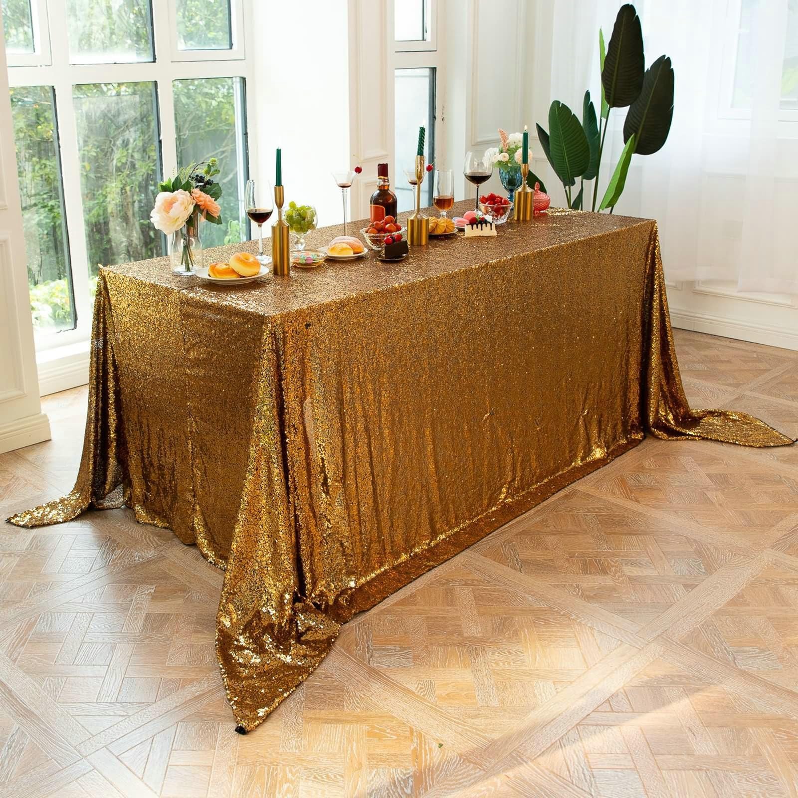 Gualiy Manteles Tela Mesa Rectangular, Poliéster Mantel de Fiesta 153x260CM Mantel Antimanchas Salon Lentejuelas de Color Sólido Manteles para Mesa Cocina, Oro Negro