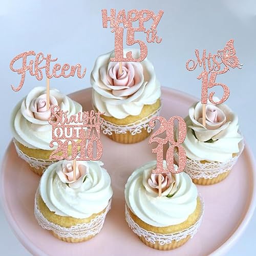 Miniatura 4 de 30 piezas de decoración para cupcakes de cumpleaños de 15 años con purpurina de quince feliz 15 recto fuera de 2008 para saludos a 15 años 15