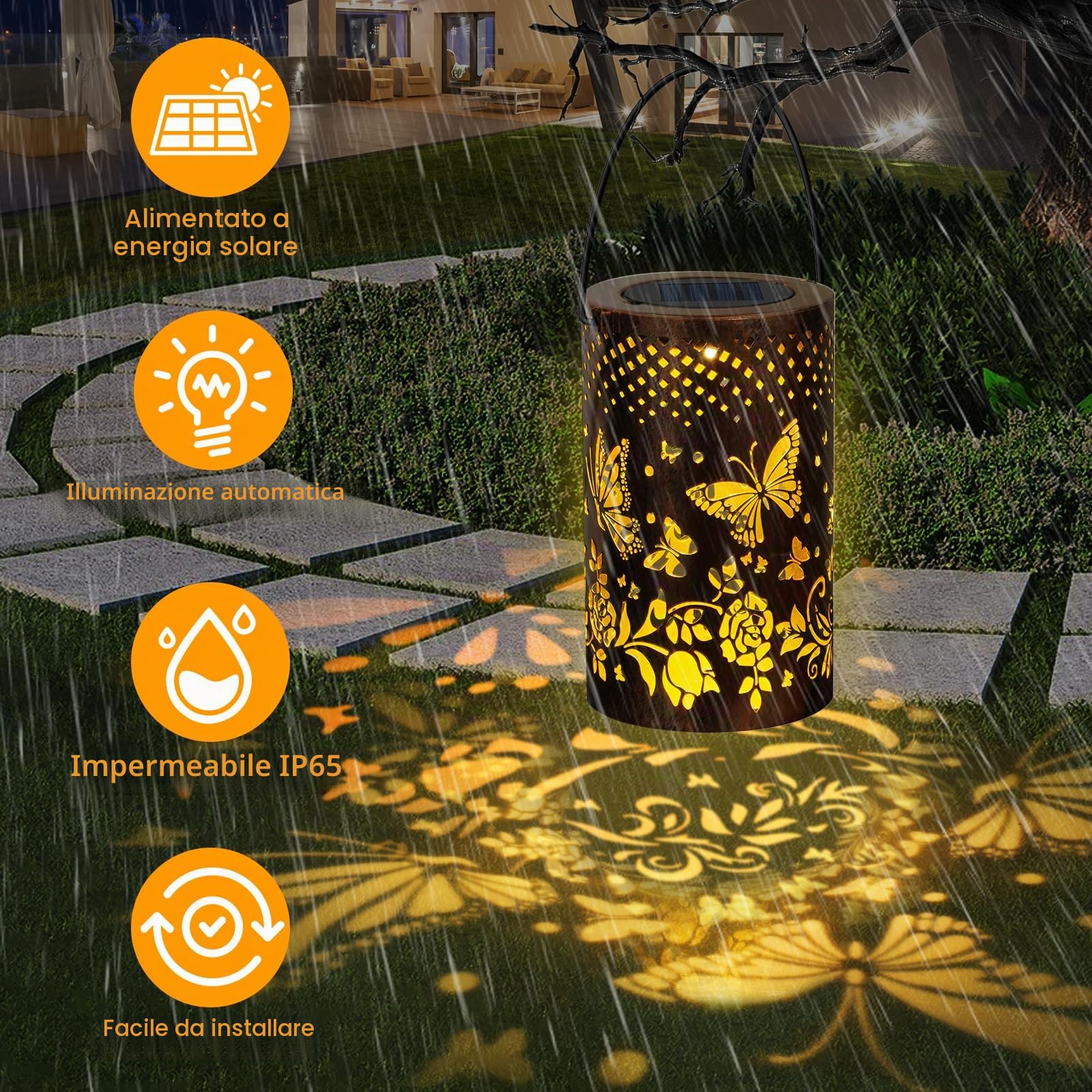 Qoosea Lanterne Solari da Esterno Farfalla Decorative LED Luci da Giardino in Metallo con Ganci IP65 Impermeabile Lanterna Solare Lampade Solari da Giardino Decorazioni