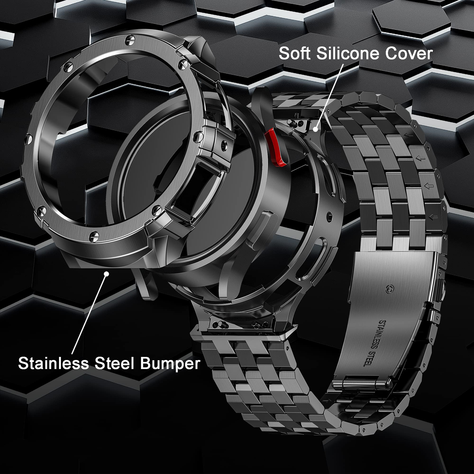 Pasek ze stali nierdzewnej Galaxy Watch 5 Pro z etui kompatybilny z Samsung Watch 5 Pro 45 mm, wytrzymały metalowy pasek do zegarka z ochronną osłoną zderzaka, zapasowy pasek dla mężczyzn 2022