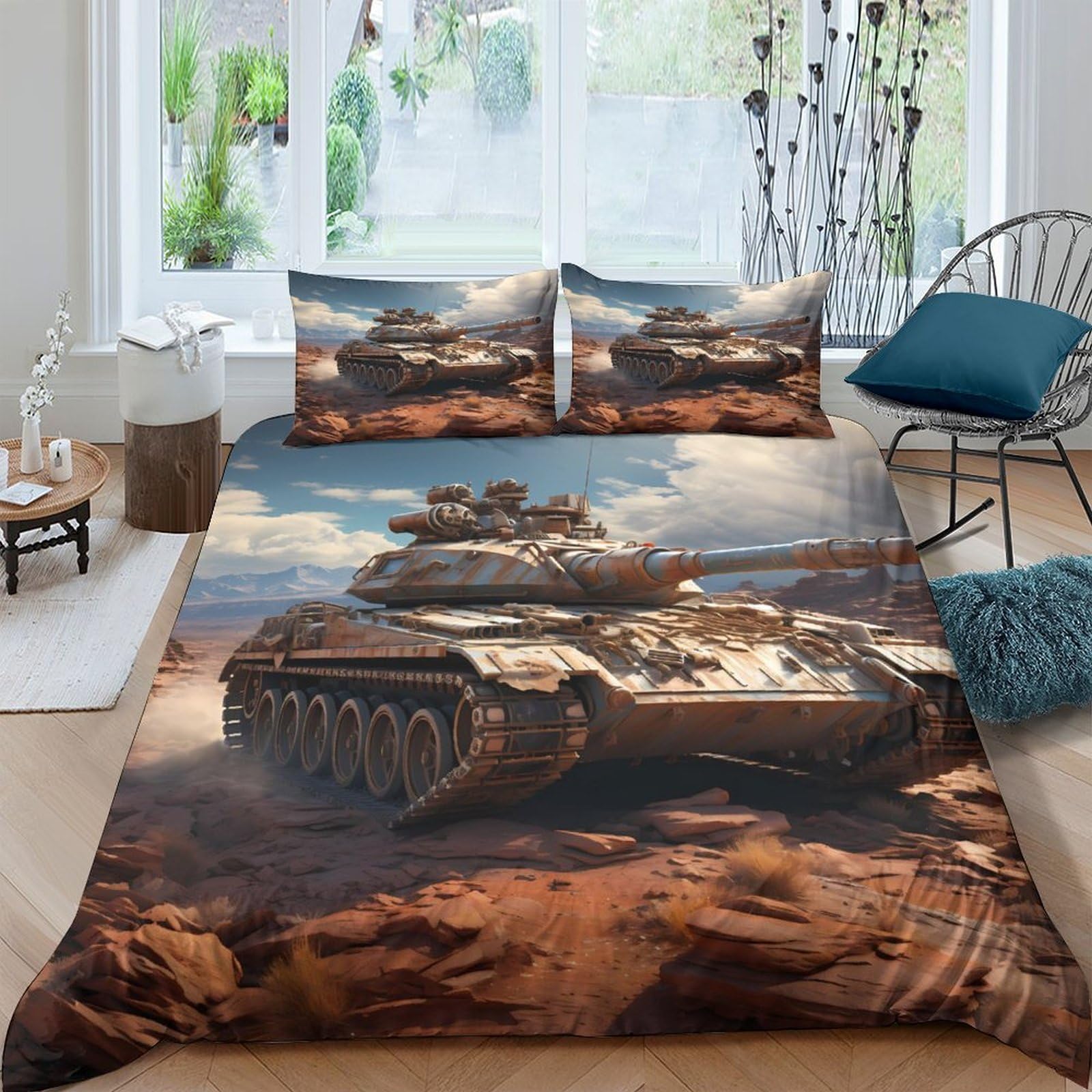 Ctjqhvkz Style-1 3D Printed Battle Tank Fitted Sheet Microfiber Soft Breathable Warfield Mattress Cover For Bedroom Dorm Mattress Protection Decor Single（135X200cm）