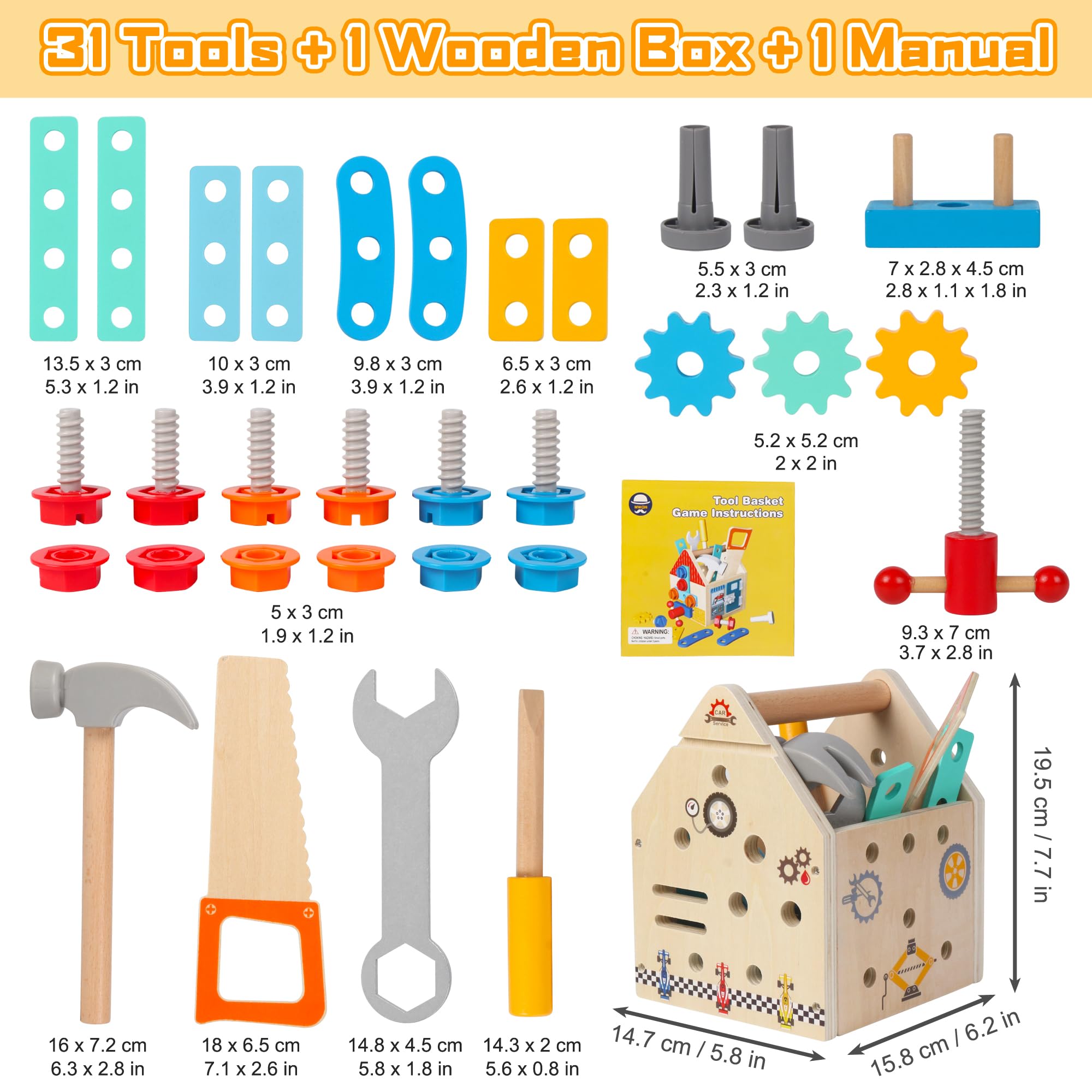 Kit de herramientas para niños pequeños, caja de herramientas Montessori de 33 piezas, juego de herramientas de juego de simulación para niños de 2 a 4 años, juguetes educativos STEM para 3 años 6