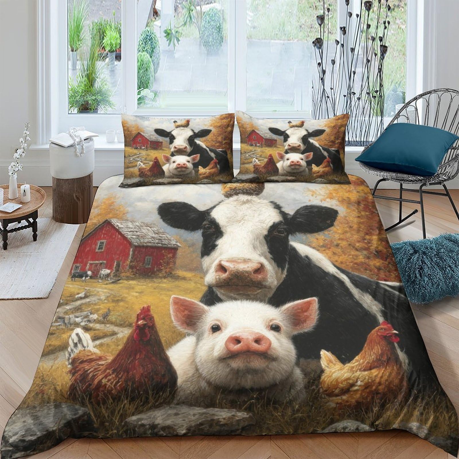 Ctjqhvkz Style-2 3D Printed Farm Cow Pig Fitted Sheet Microfiber Soft Animal Chicken Mattress Cover Bedroom Decor, Anti-Slip, Machine Washable, Dustproof Single（135X200cm）