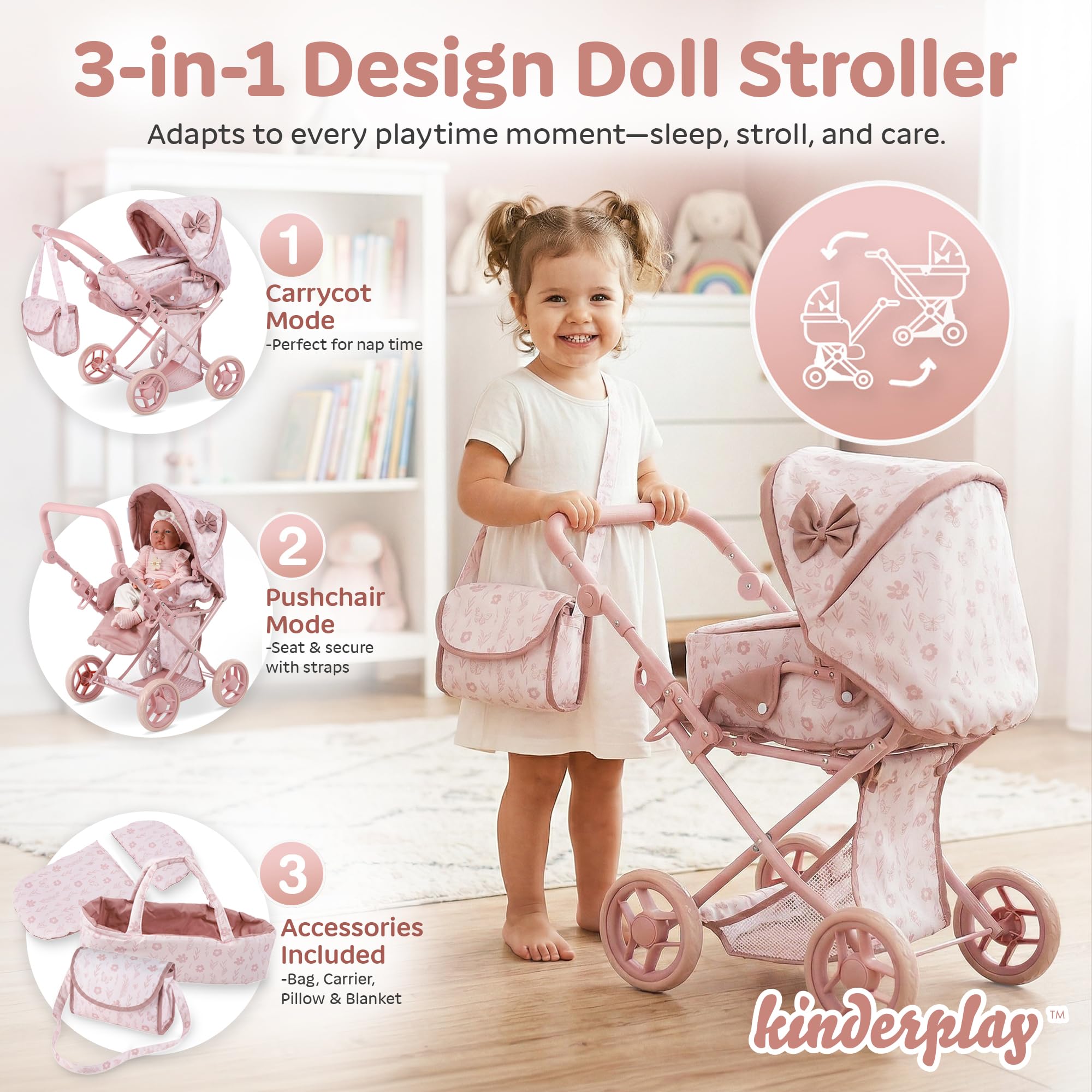 Kinderplay Wózek dla lalek 3 w 1 z torbą do przenoszenia, wózek dla lalek z regulacją wysokości 36,5-64 cm, składany wózek dziecięcy z cichymi kółkami piankowymi, dla lalek do 40 cm, od 3 lat
