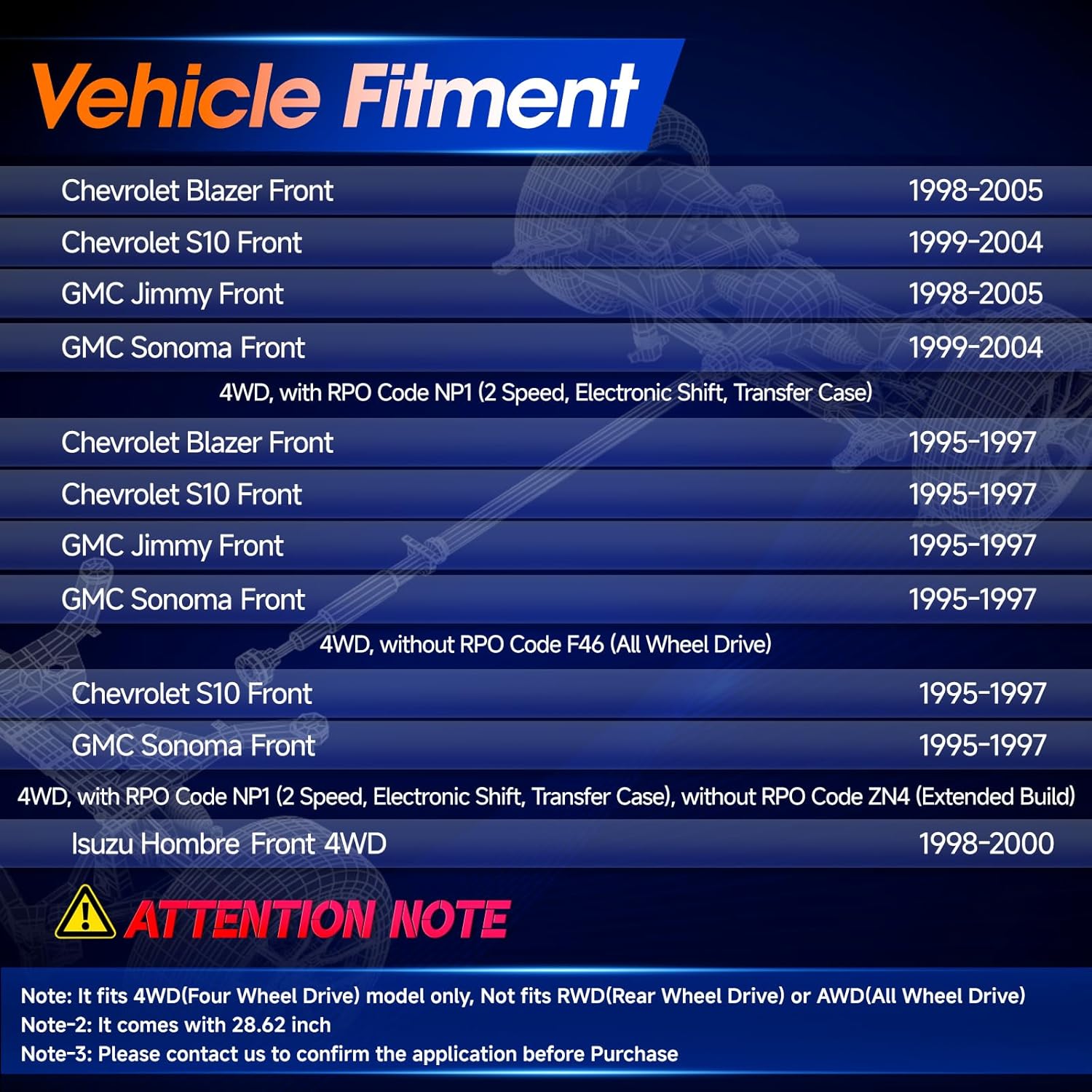 Front Drive Shaft Prop Shaft Driveshaft Assembly Fit for Chevrolet S10 1995-2004, Blazer & GMC Jimmy 1995-2005, Sonoma 1995-2004 & Isuzu Hombre 1998-2000, 4WD, OE 94717722, 26032451, 15038488