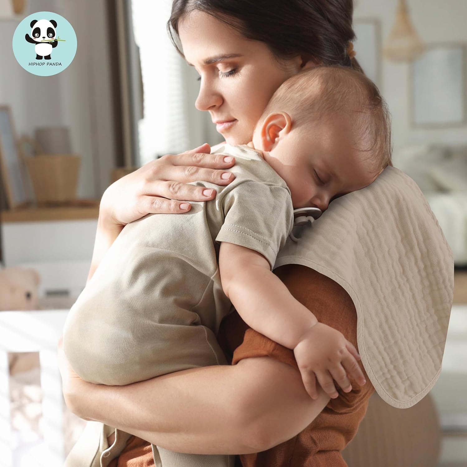 HIPHOP PANDA Muslin Burp Cloths, 10 Pack - Large 20" X10" - Ultra Absorbent and Soft 100% Cotton Baby Essentials Drool Rags and Messes for Newborn - Colorful Designs for Boy Girl, Sand - Image 5