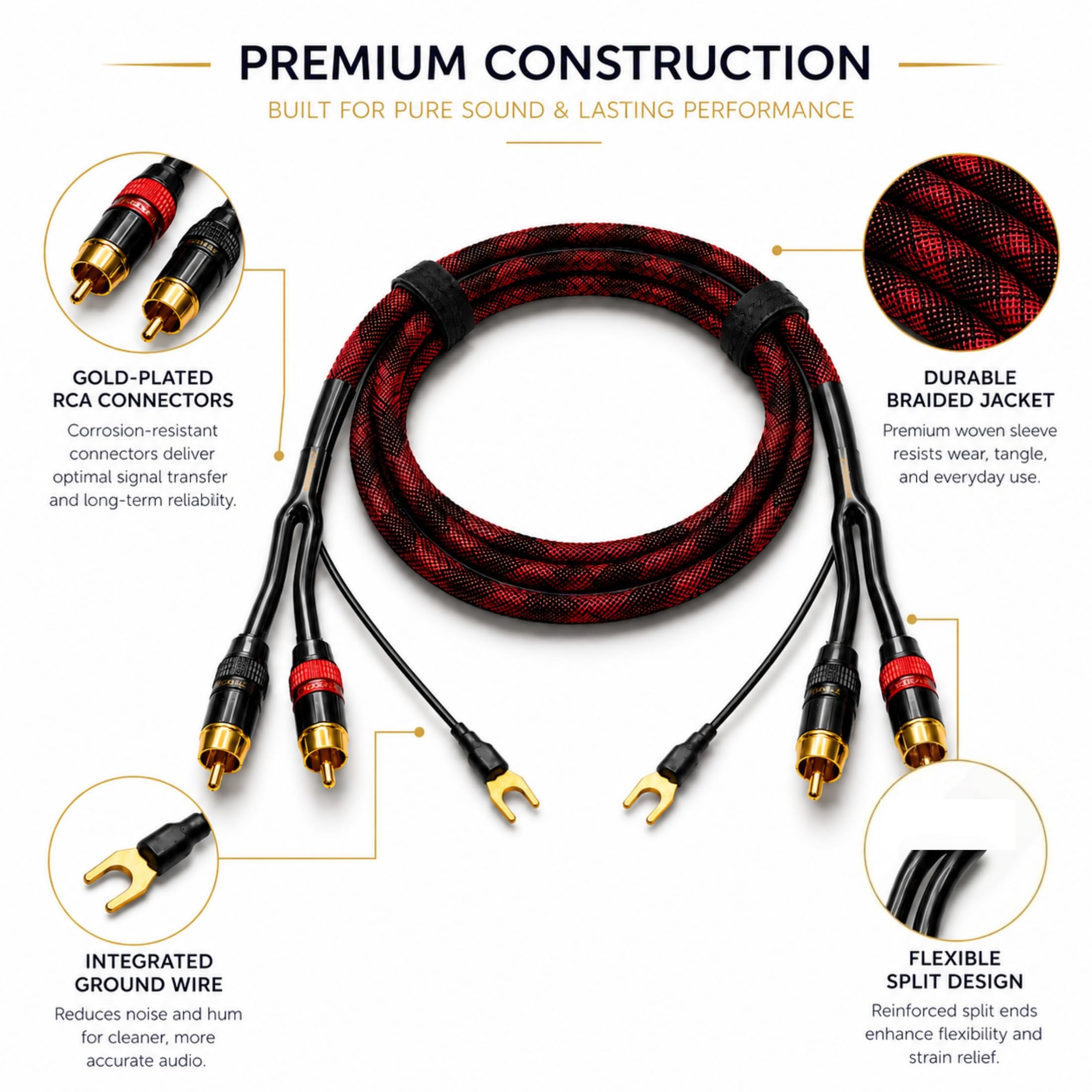 Câble RCA avec fil de terre pour platine, 1 m, câble audio stéréo tressé OFC 18 AWG, connecteurs plaqués or pour préampli, tourne-disque, mixeur DJ, amplificateur, 1 lot