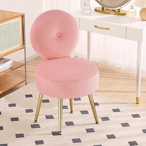 Miniatura 4 de Furniliving Taburete de tocador de terciopelo con respaldo, silla de maquillaje para tocador con patas de metal, silla de sala de estar de mediados