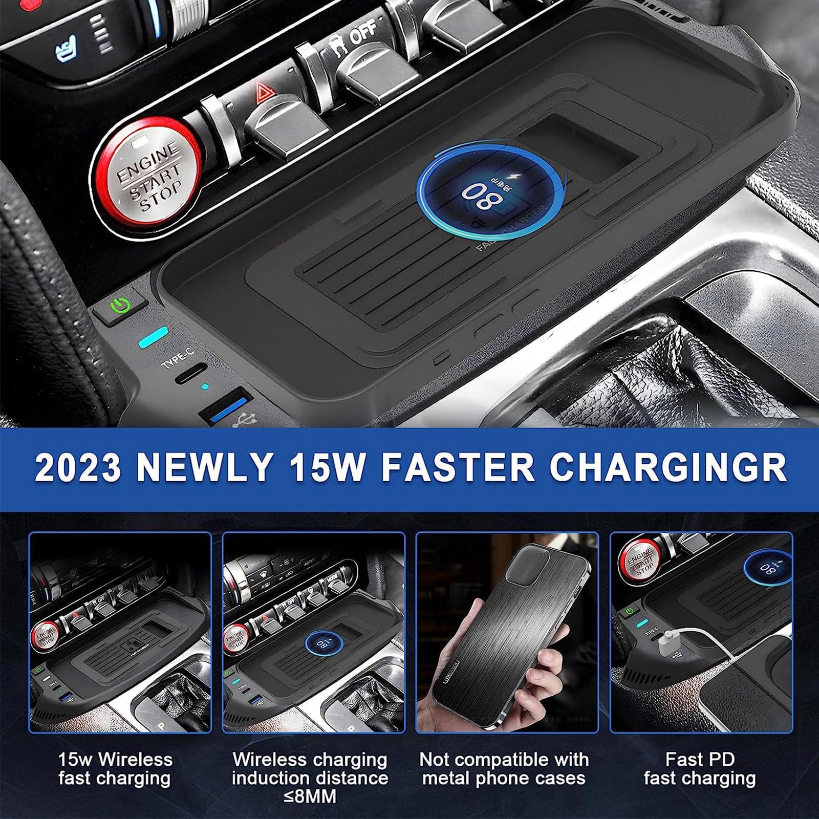 Cargador de Coche Inalámbrico para Ford Mustang 2022 2021 2020 2019 2018 2017 2016 2015, Placa de Cargador de Teléfono de Carga Rápida Qi de 15W con Puerto USB QC3.0