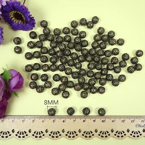 Miniatura 9 de TOAOB - 100 cuentas de bola huecas de filigrana chapadas en plata de 0.315 pulgadas (0.315 in), cuentas espaciadoras sueltas de metal redondas para