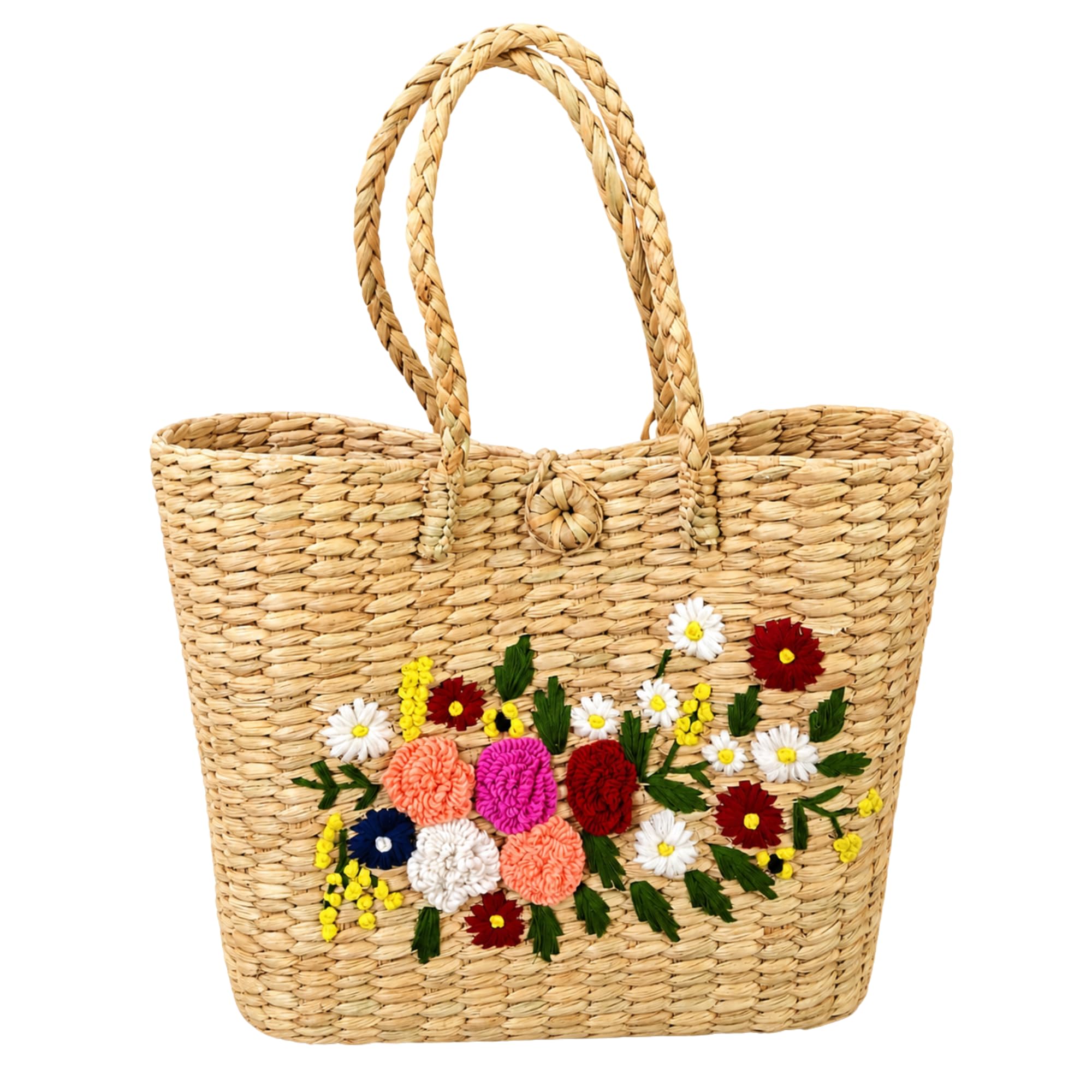 CraftsCreation Handcrafted Kauna Grass Tote Bag for Women, Floral Embroidered, 35.5x30.5x12.5 cm, Beach and Picnic Handbag-picture-37