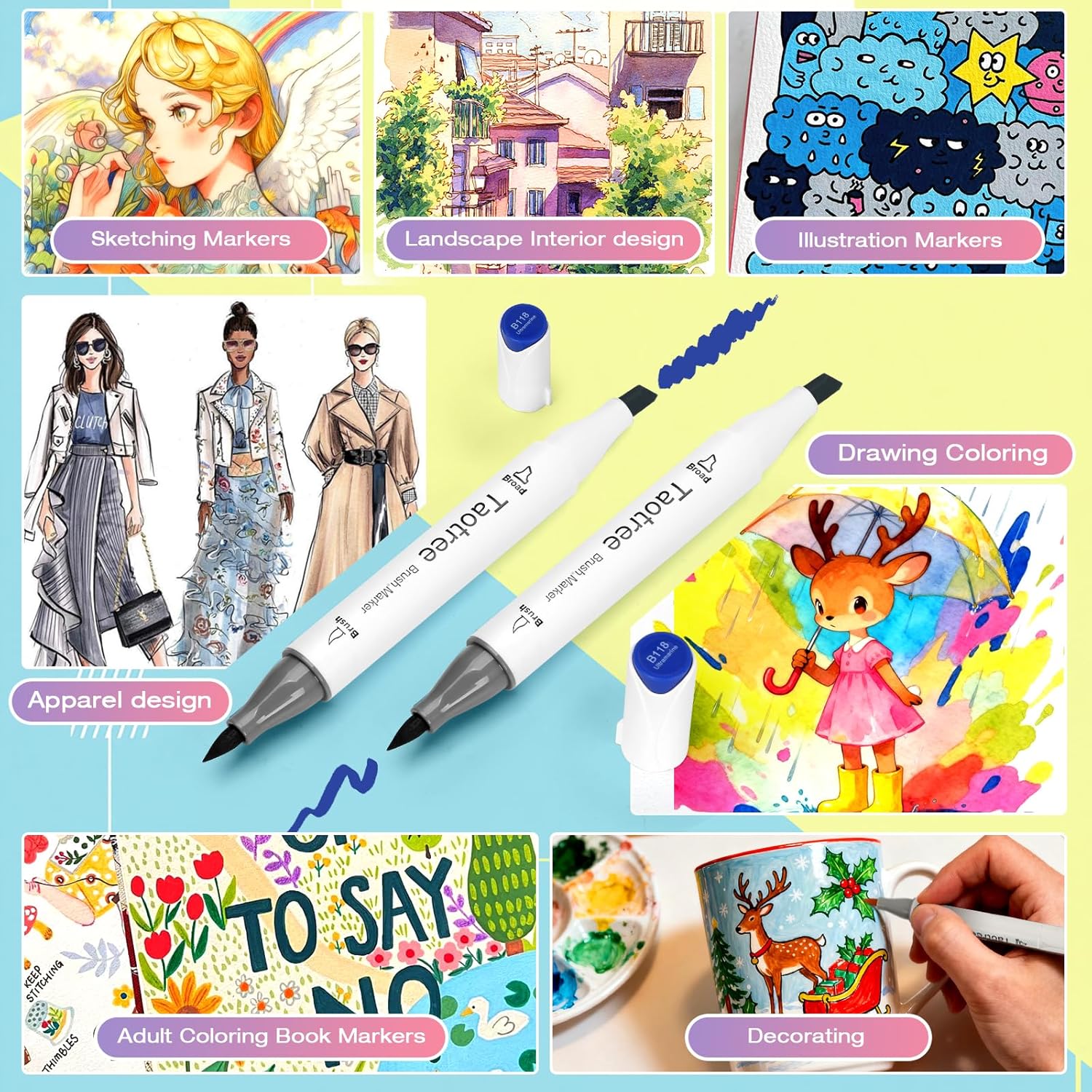 Taotree Alcohol Brush Markers Art Supplies, 121 Colors Dual Tip Art Coloring Markers Pens, Brush & Chisel Tip Sketch Pens, Drawing Supplies Gift for Artist Adult Coloring Book Painting, Sketching - Image 4