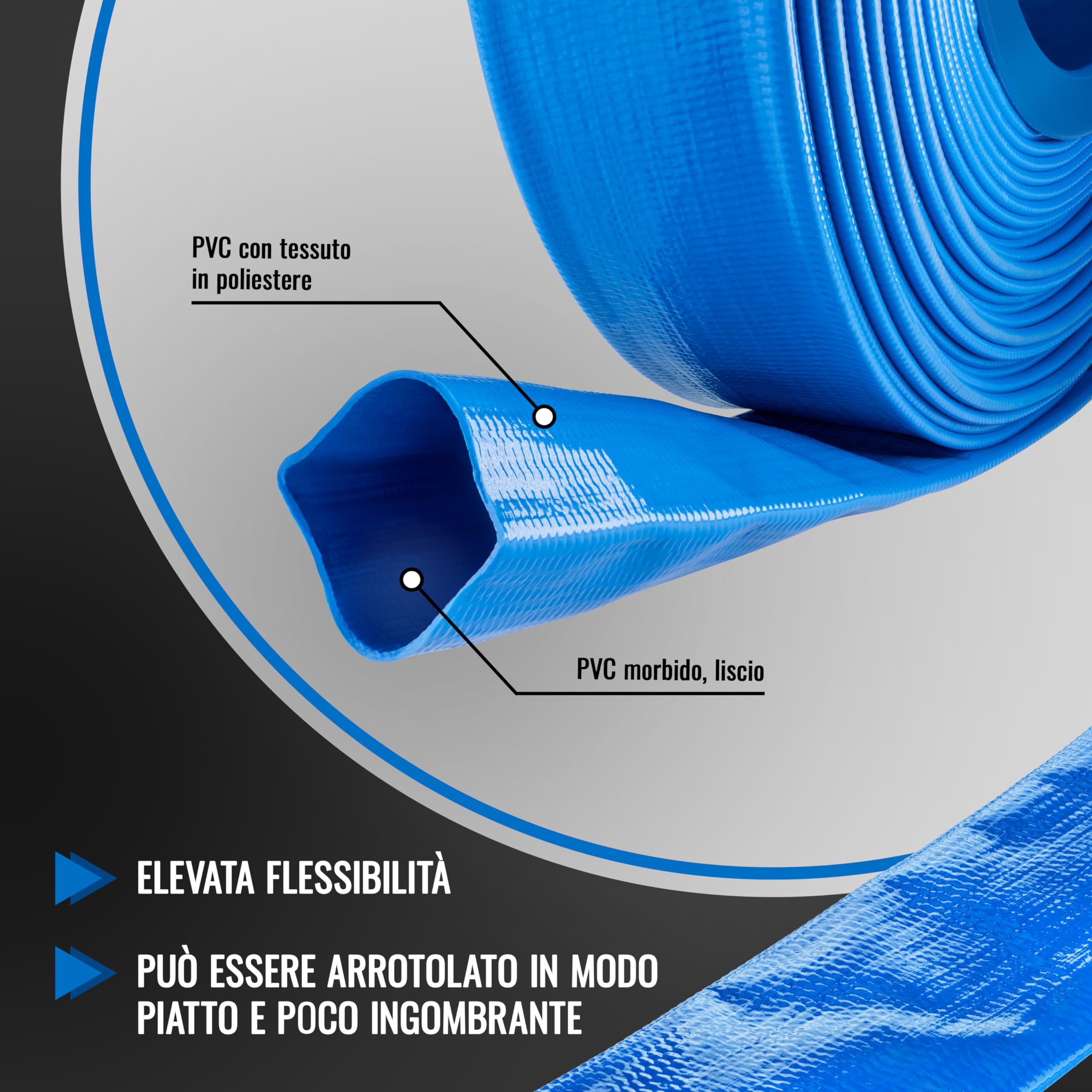 Poppstar Tubo piatto PVC 40m, Ø 38mm (1 1/2 pollice), pressione di esercizio 7 bar, tubo di mandata, blu