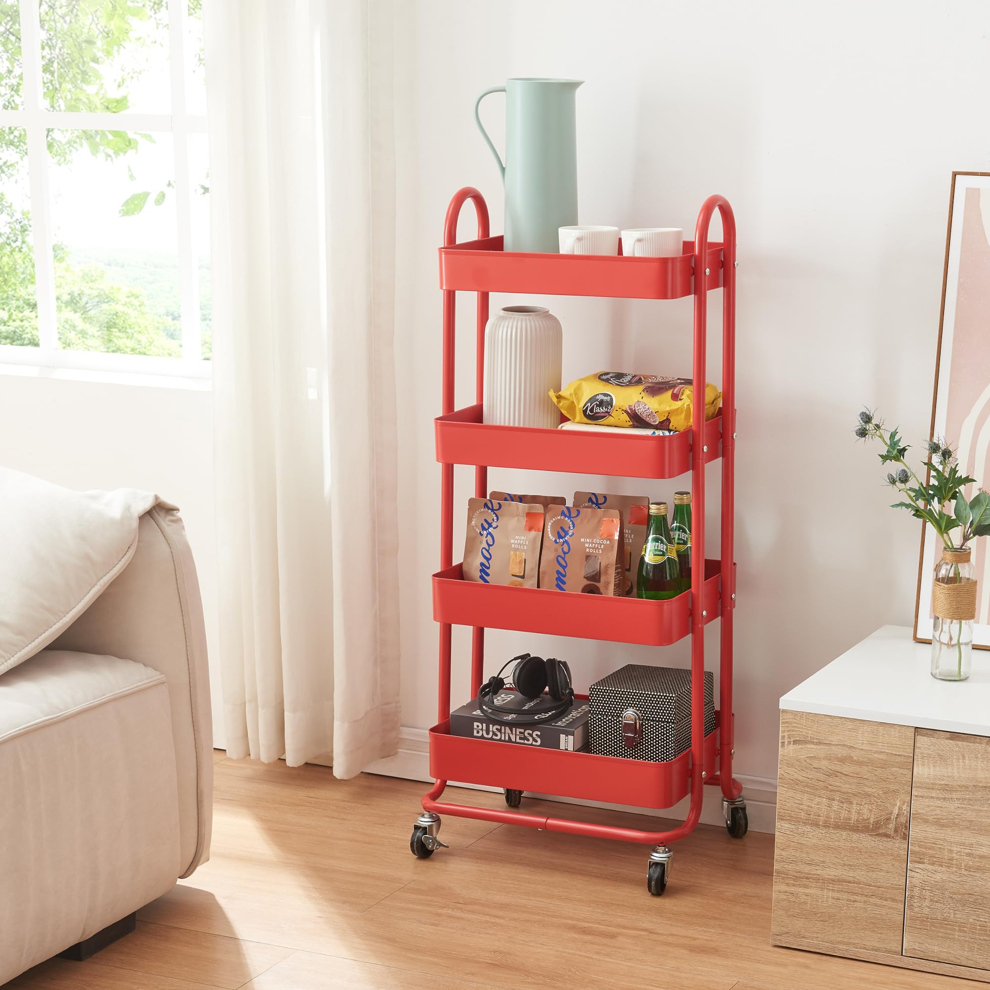 en.casa] Serveerwagen Pyhäntä keukentrolley 103,5x46x35 cm met 4 manden keukenrek van metaal met 2 remmen universele wagen opbergtrolley voor keuken badkamer kantoor zwart