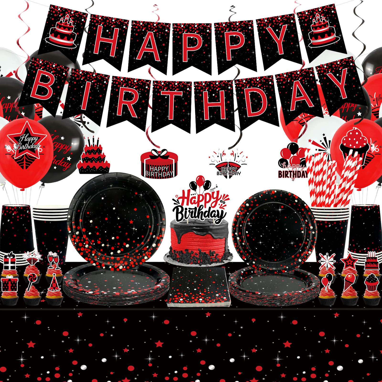 Obussgar Red Black Birthday Party Decorations - Red Black Party Supplies including Banner, Plate, Cake Topper, Cup, Napkin, Balloon, Tablecloth - Serves 20 (LQ)
