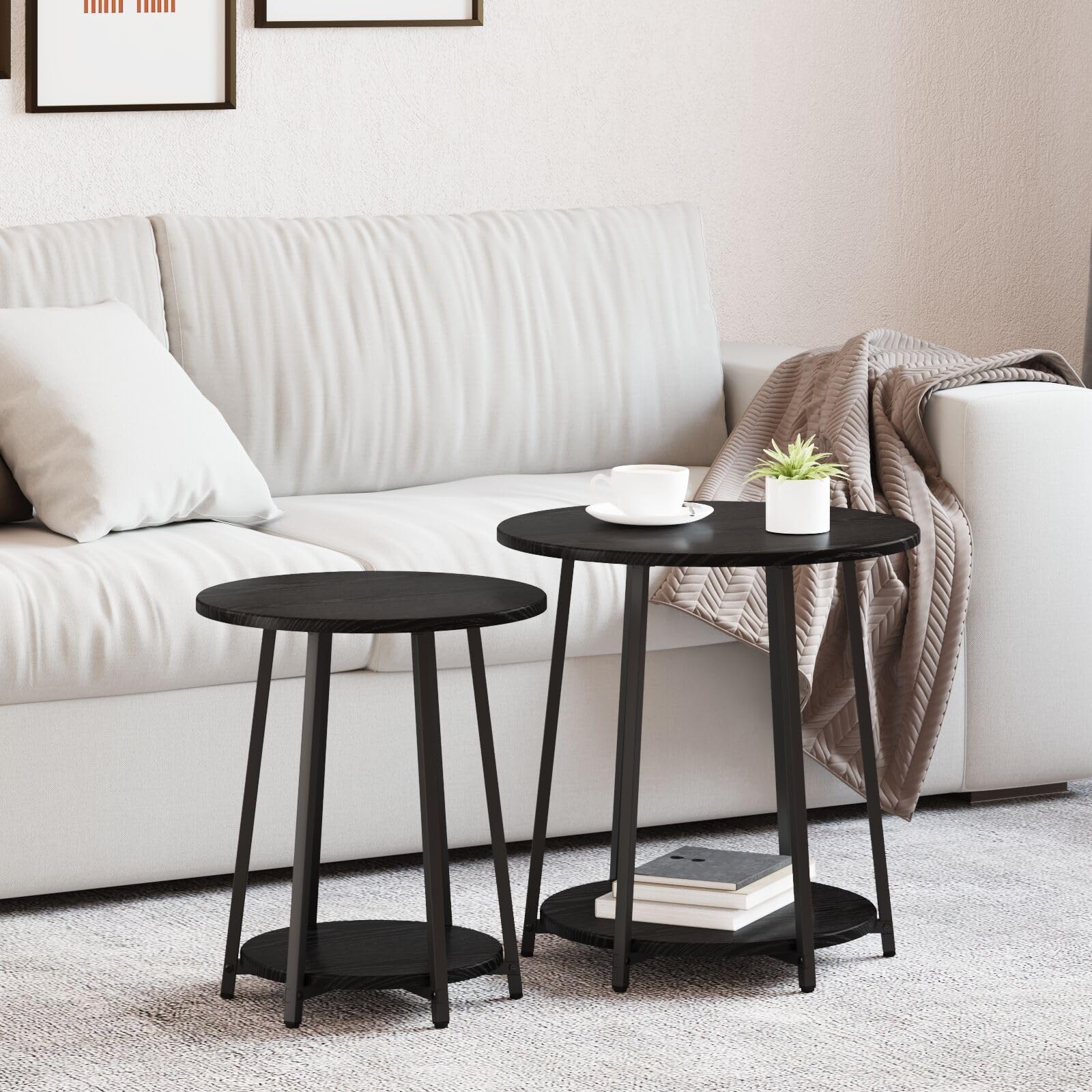 SXZenSpace 869702 Side Table Set of 2 - Black Oak Engineered Wood and Metal Modern Nightstand End for Home Bedroom Living Room Easy Assembly Hallway Coffee