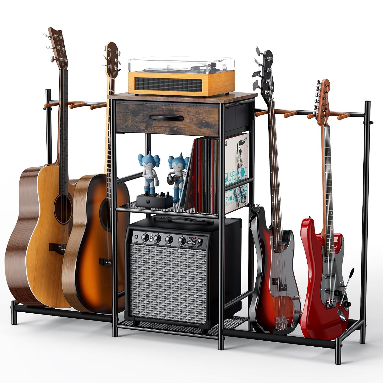 Guitar Stands Floor with 4 Guitar Holders, 3-Tier Guitar Stand Multiple Guitars, Guitar Rack with Amp Stand & Cloth Drawer, Multi Guitar Stand for Music Studio, Guitar Accessories gift for Music Lover