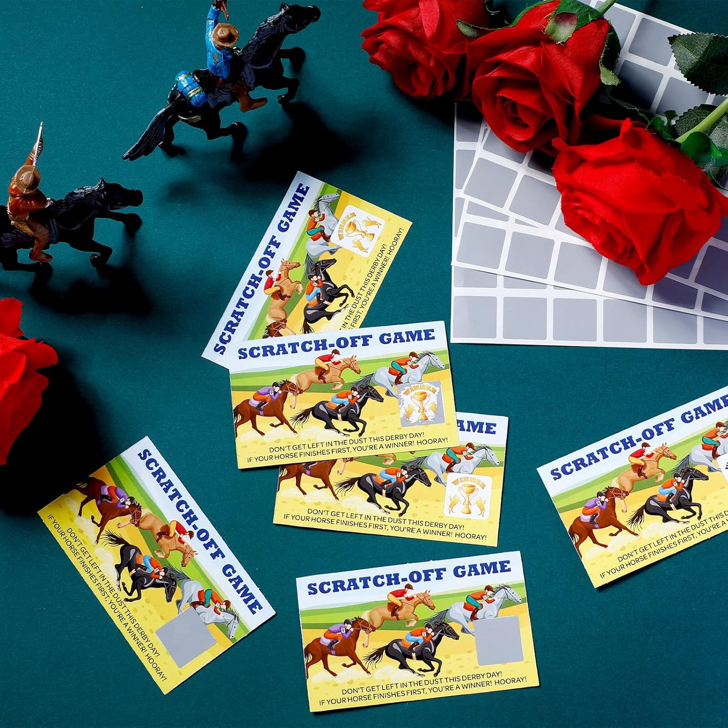 MotiMind 160 Pcs Derby Scratch Off Tickets Horse Race Party Favors Games Betting Cards for Adults 150 Pcs [Unlucky] and 10 PC [Winner] with Scratch Off Stickers Derby Party Decorations Supplies