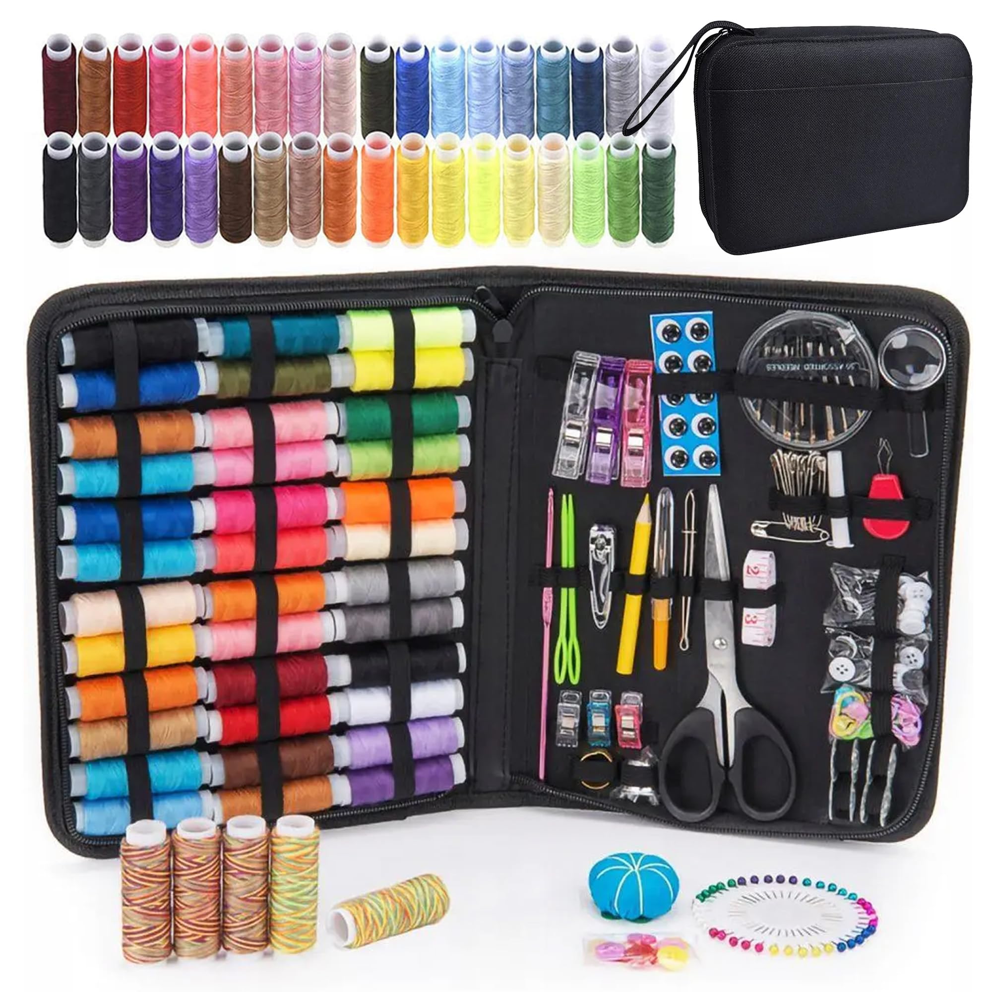 Large Sewing Kit 226 Pieces - Includes 43 Threads, Needles, Buttons, Scissors, Thimble, and Compact Zippered Case for Tailoring and Repairs for All Materials