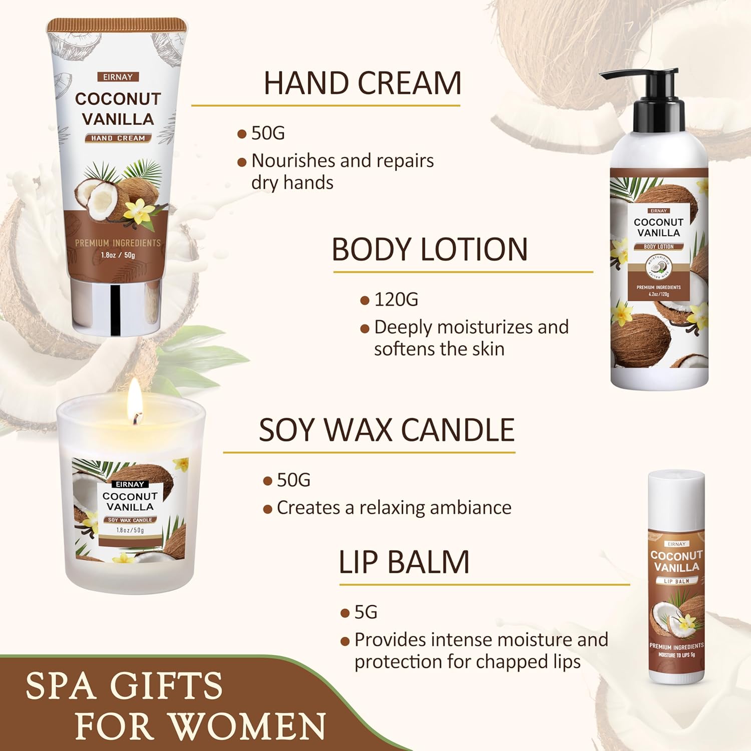 Christmas Gifts For Women - 16 PCS Birthday Gift Basket for Women Set of Coconut Vanilla Self Pampering Set, Includes Luxurious Home Spa Shower Gel Bubble Bath - Image 4