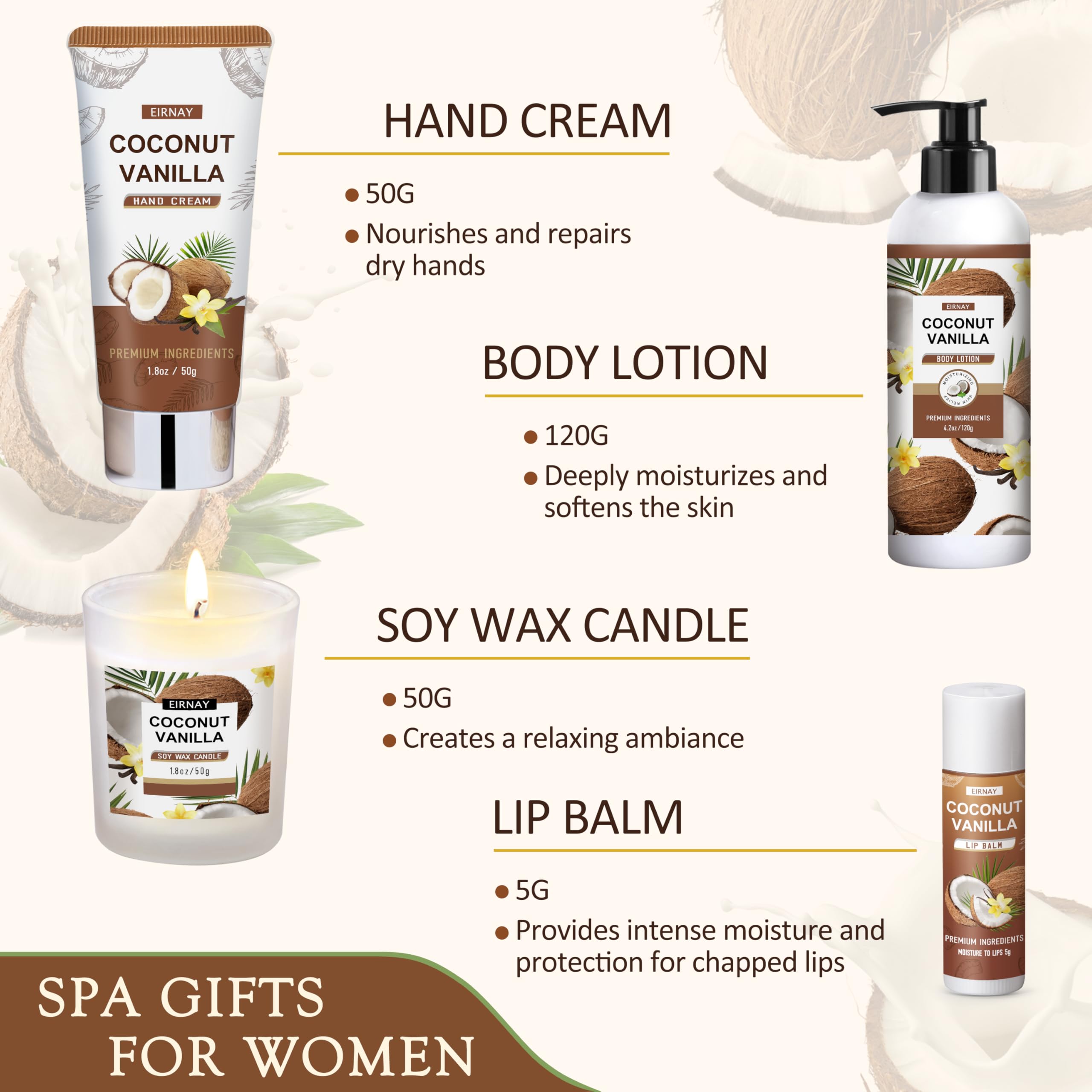Mothers Day Gifts For Women - 16 PCS Birthday Gift Basket for Women Set of Coconut Vanilla Self Pampering Set, Includes Luxurious Home Spa Shower Gel Bubble Bath