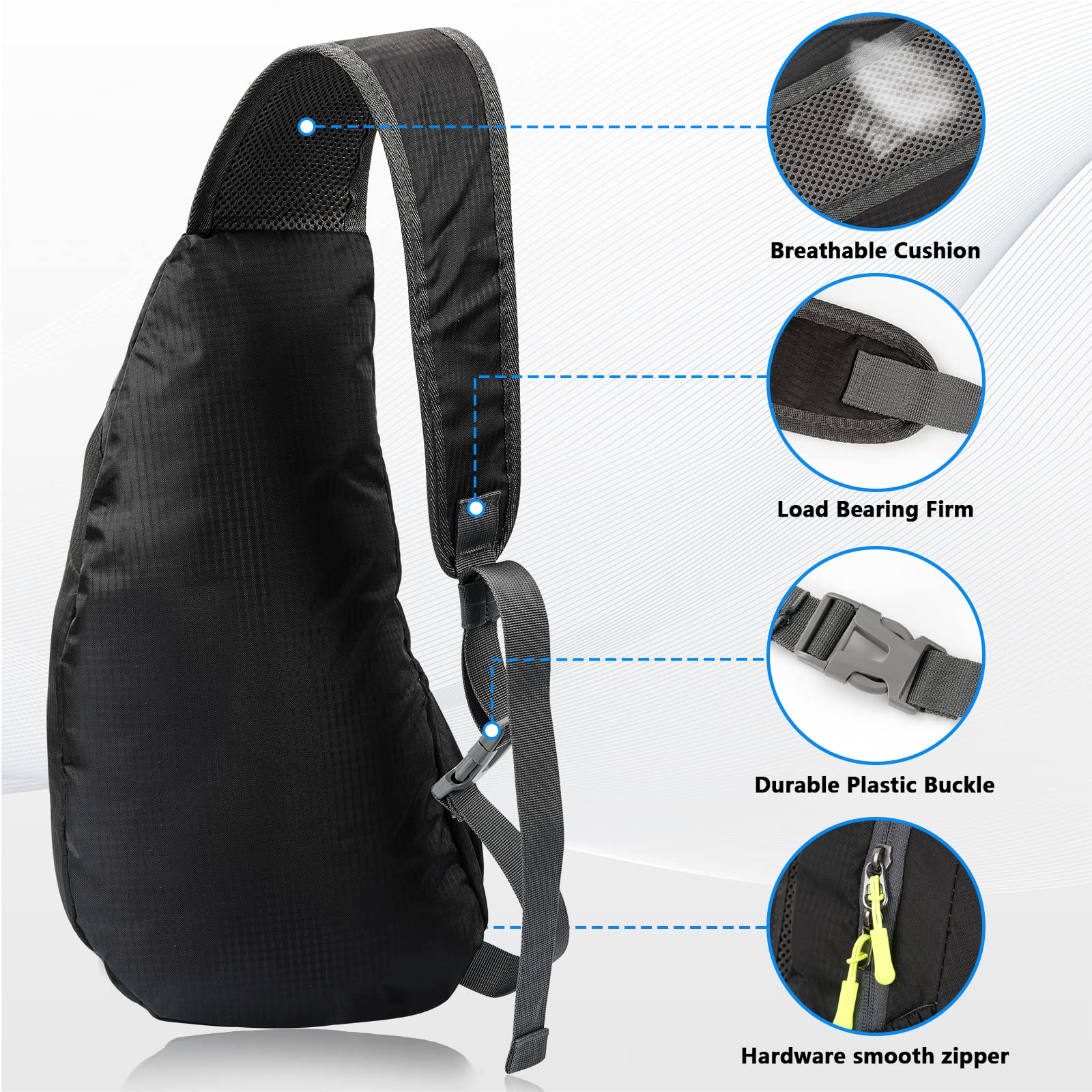 Sac de Poitrine Homme Bandoulière Léger Étanche Sling Petit Sac à Dos pour Randonnée Cyclisme Camping Voyager en Plein Air - Noir
