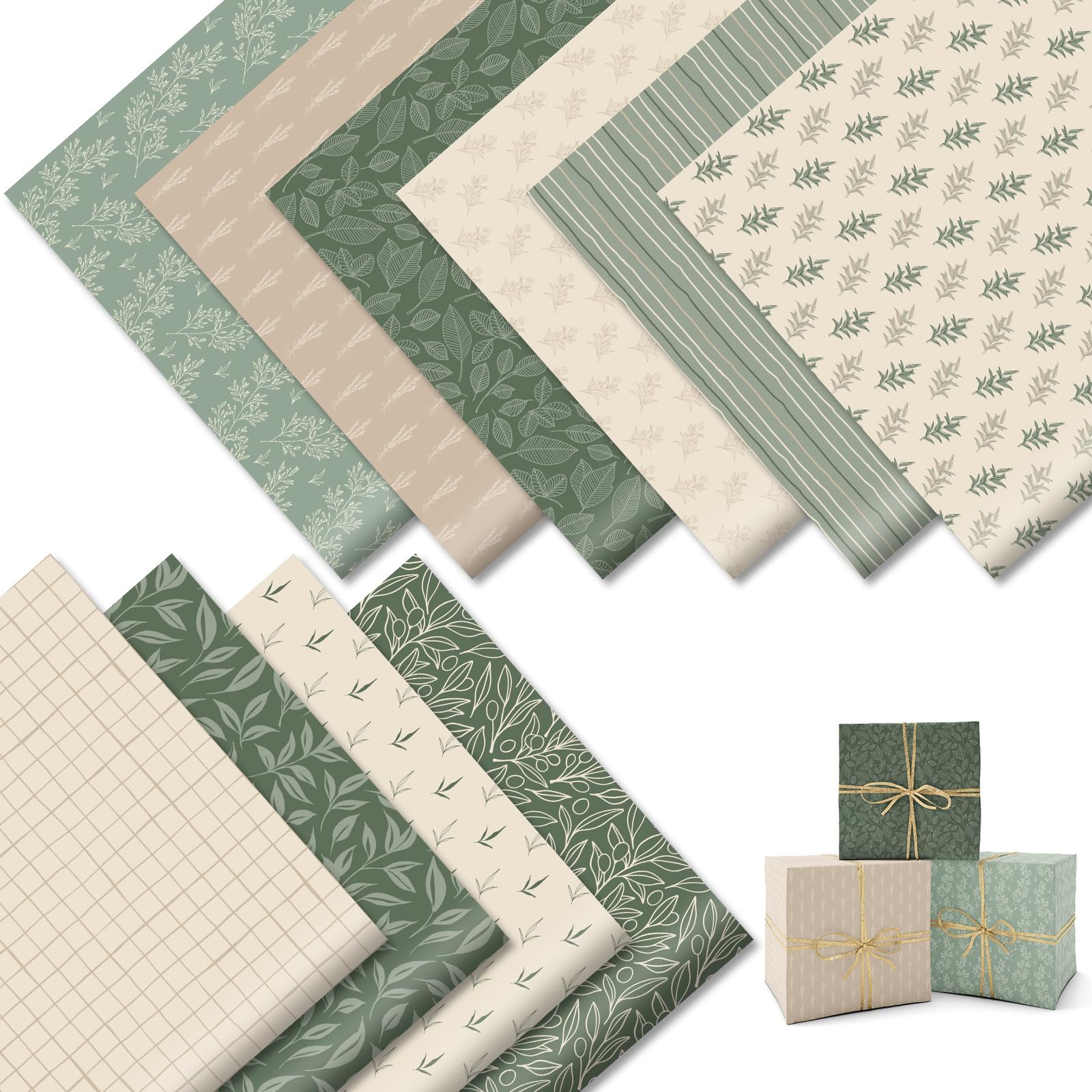 JarThenaAMCS 20 Sheets Greenery Wrapping Paper -Not Roll- Eucalyptus Leaves Gift Wrap Paper Vintage Art Paper Folded Flat for DIY Crafts Wedding Birthday Party, 19.7 x 27.6 Inch