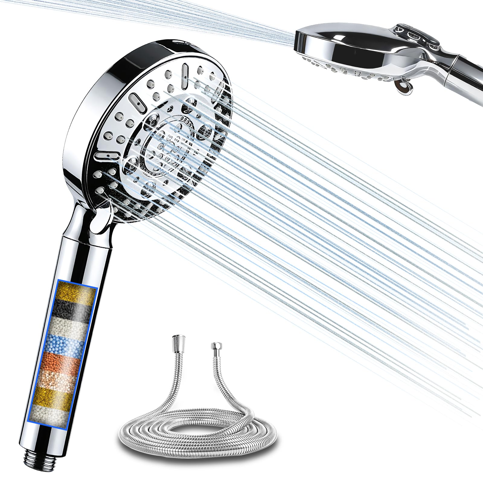 SANYCASA Shower Head with Filter 8 Jet with Hose Shower Head Water Saving CP