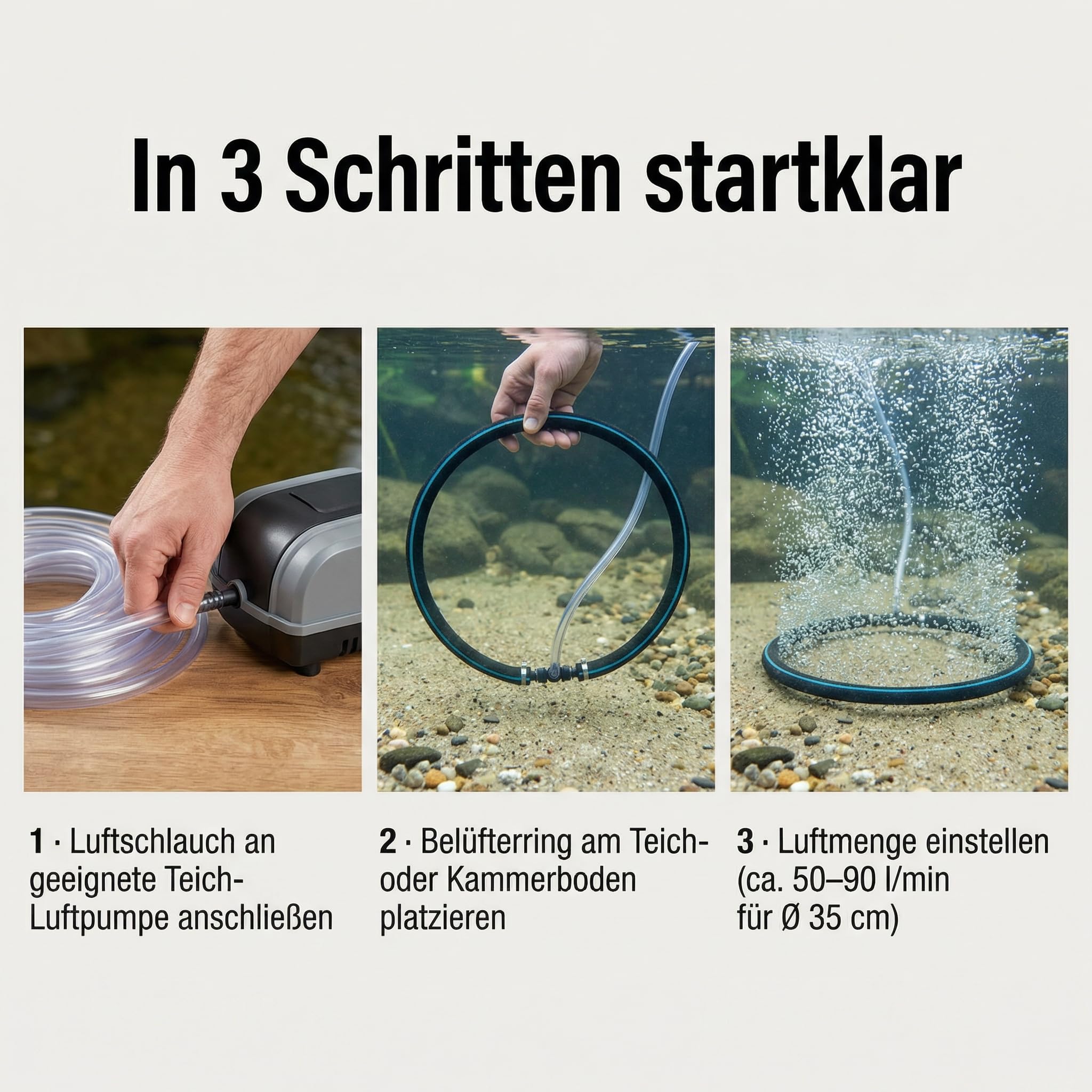 Pondlife Japan Belüfterring Ø 35 cm, Teichbelüfterring für Koi-Teich, selbstsinkender Teich-Luftausströmer mit feiner Perlung, inkl. Luftschlauch ca. 0,95 m, für Filterkammern/Schwebebett