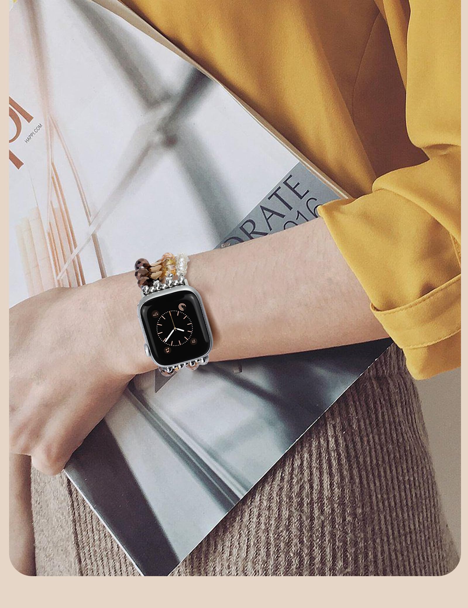 JR.DM Bracelet à perles compatible avec Apple Watch 44 mm, 42 mm, 45 mm, Series 9/8/7/SE/6/5/4/3/2/1, bracelet de rechange extensible fait à la main pour femmes et filles (café)