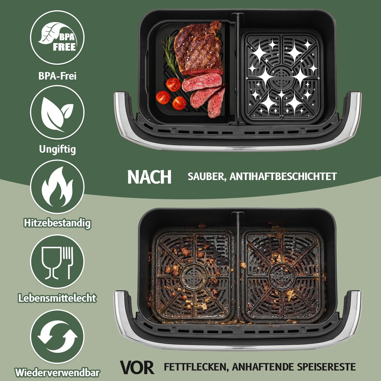 Airfryer Zubehör für Ninja AF500EU Foodi FlexDrawer Dual Zone Ninja Heißluftfritteuse Zubehör mit 1×10,4L und 2×5,2L Silikonform & Grillrost, BPA-frei Wiederverwendbar (31 Stück)