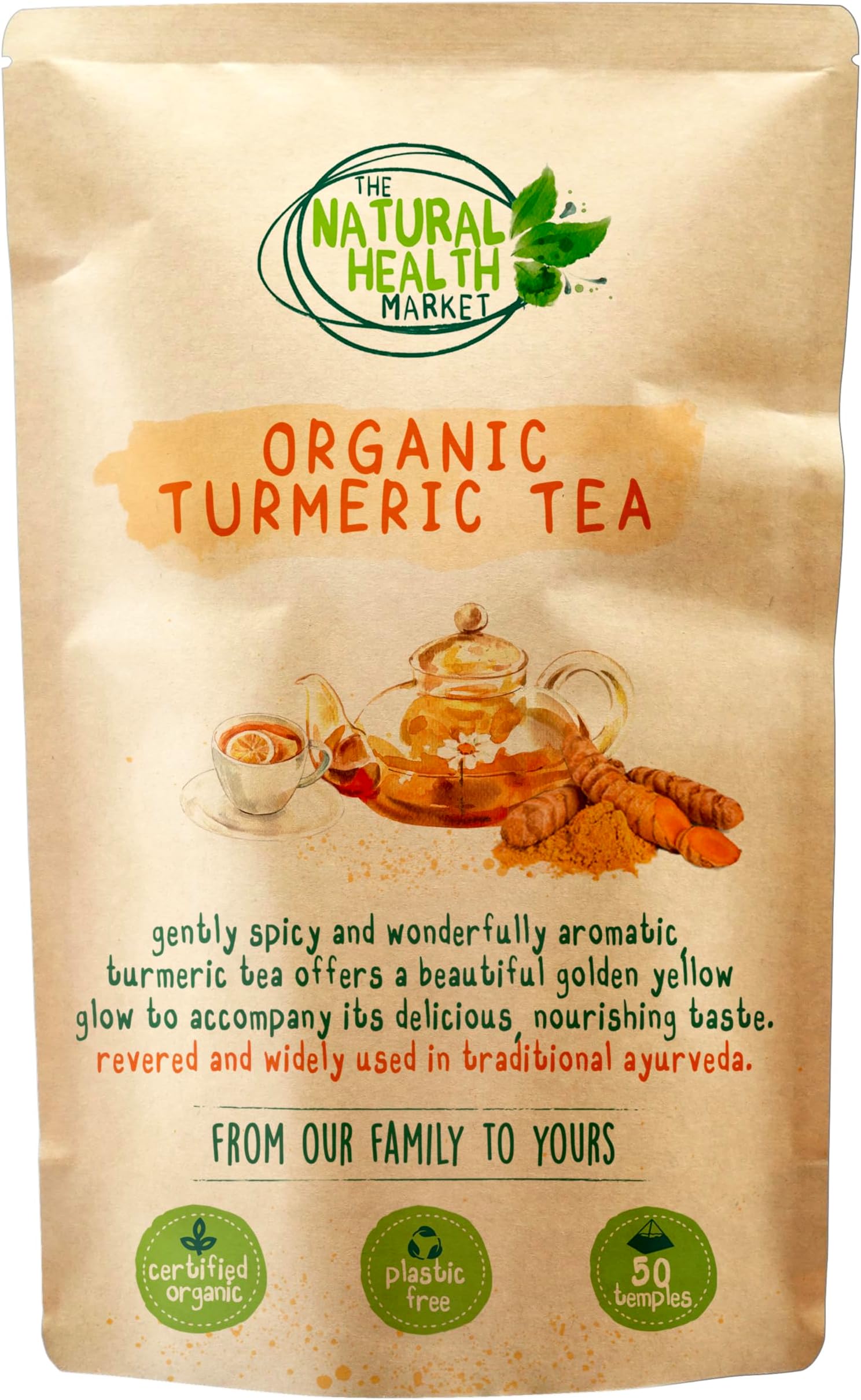 Organic Turmeric Tea Bags By The Natural Health Market | Gold Curcuma Longa Herbal Tea | Pure Turmeric Root (50 Bags)