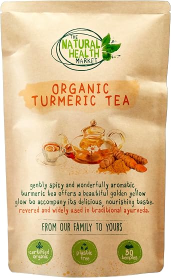 Organic Turmeric Tea Bags By The Natural Health Market | Gold Curcuma Longa Herbal Tea | Pure Turmeric Root 50 Bags