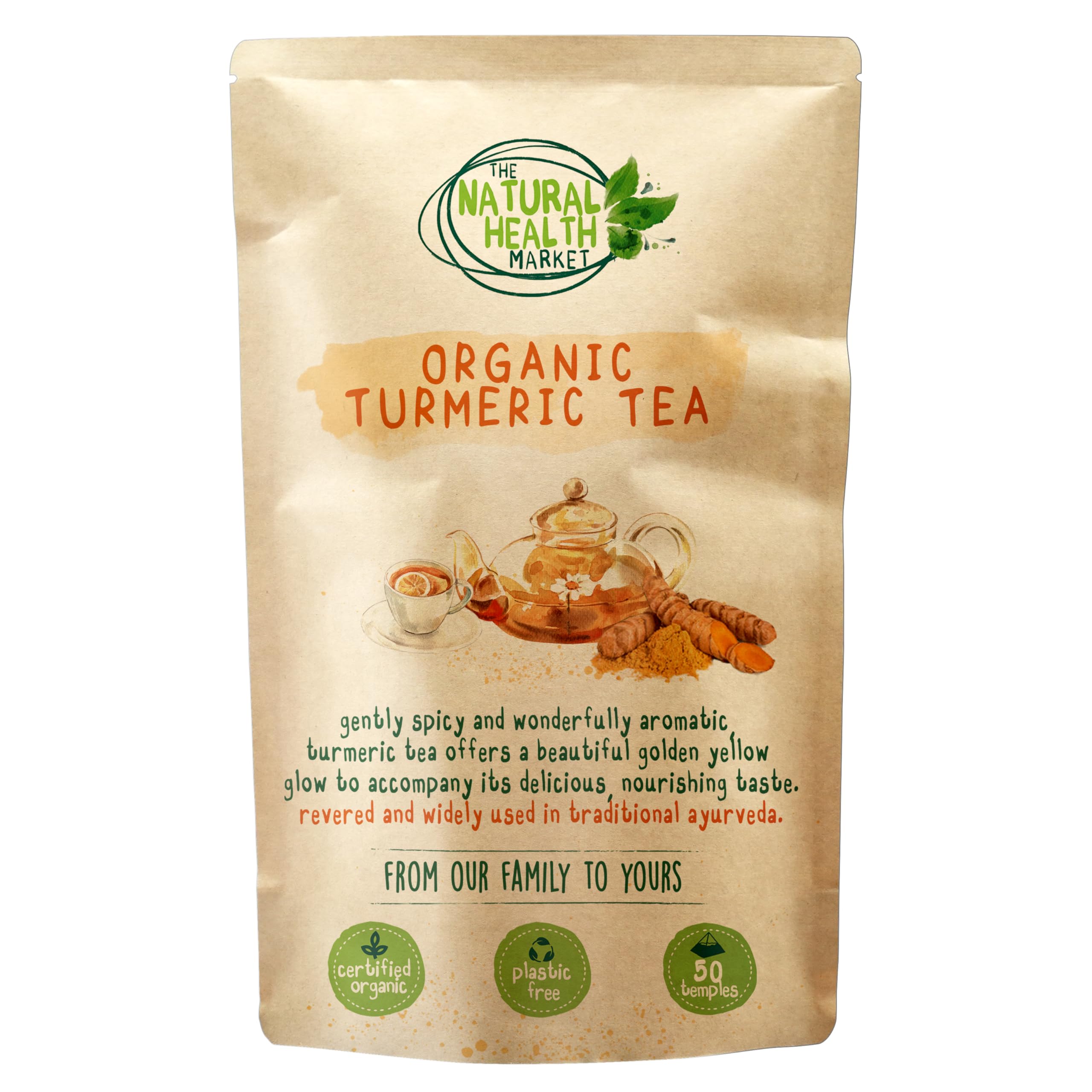 Organic Turmeric Tea Bags By The Natural Health Market | Gold Curcuma Longa Herbal Tea | Pure Turmeric Root (50 Bags)