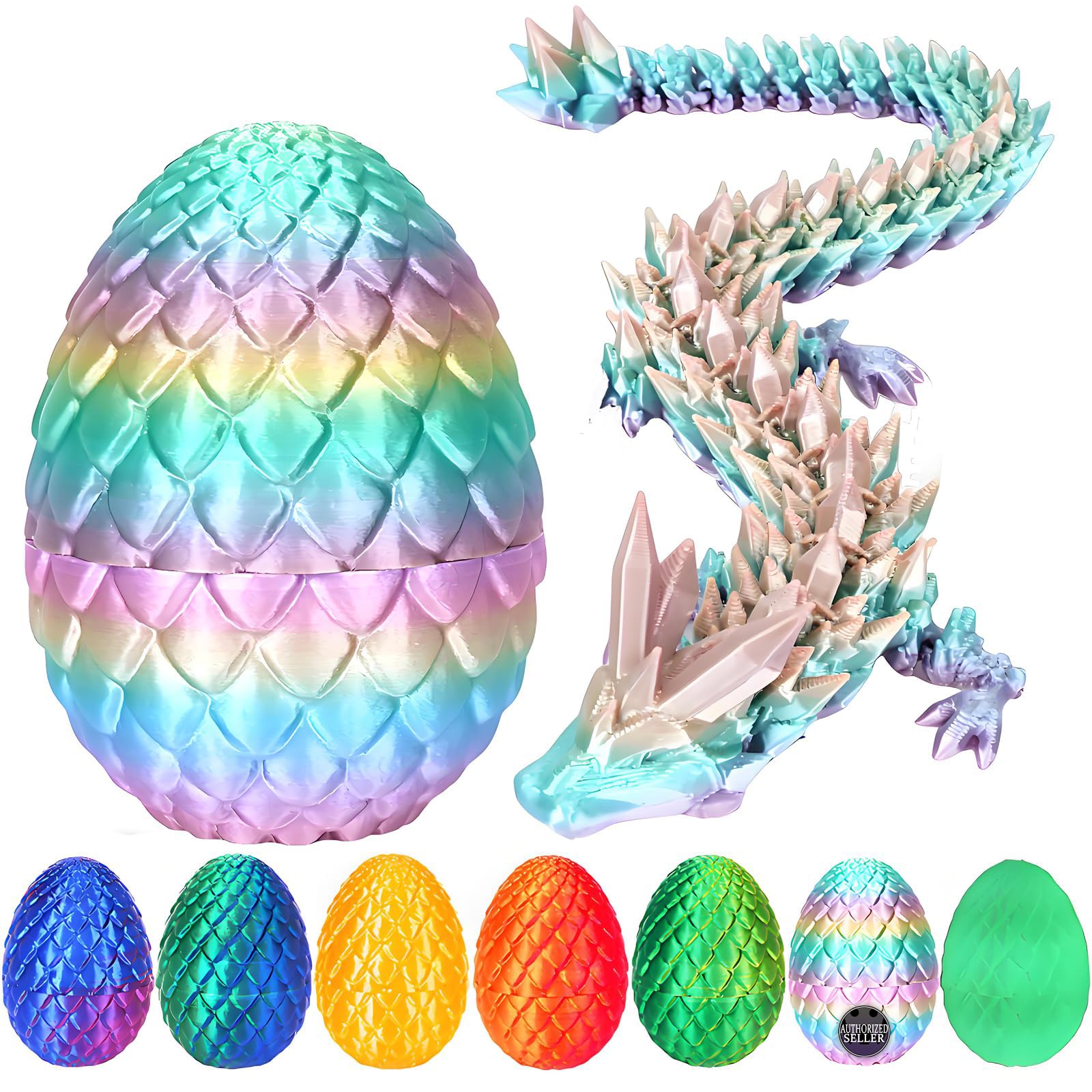 YILCER 3D Printed Dragon Egg, Mystery Crystal Dragon Egg Fidget Toys Surprise, Articulated Crystal Dragon Eggs with Dragon Inside (Rainbow Color)