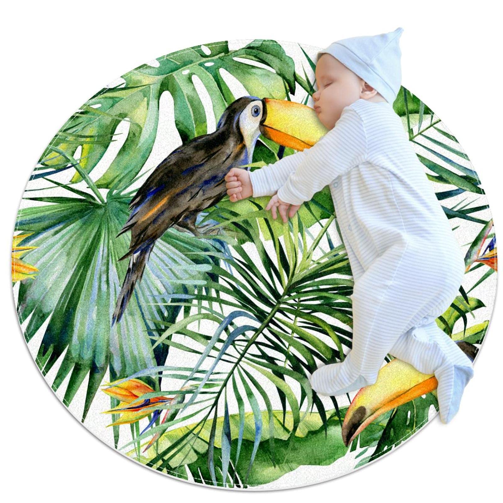 Tapis rond oiseaux toucan et feuilles de palmier grand tapis de chambre 100 cm
